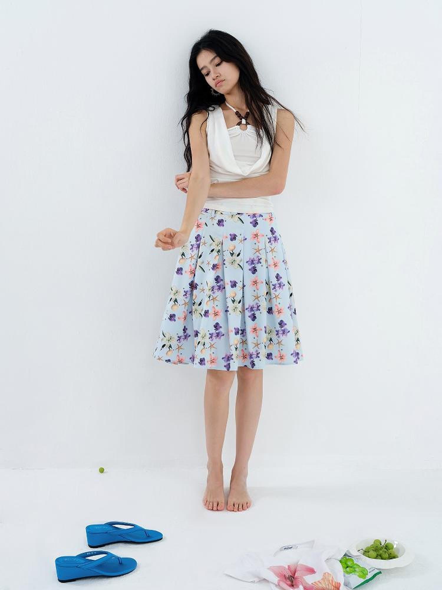 AFTADAWN Floral Print Pleated Midi Skirt with Blue Island Style