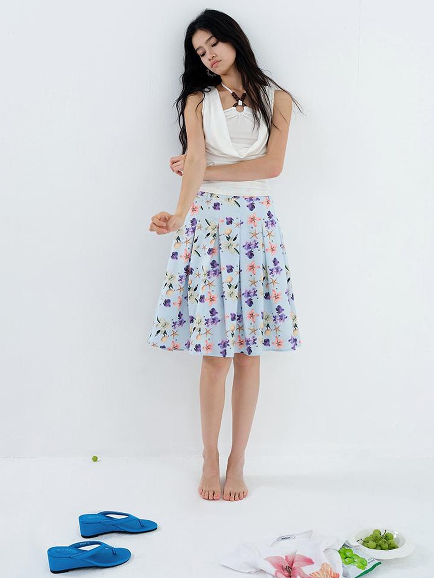 AFTADAWN Floral Print Pleated Midi Skirt with Blue Island Style