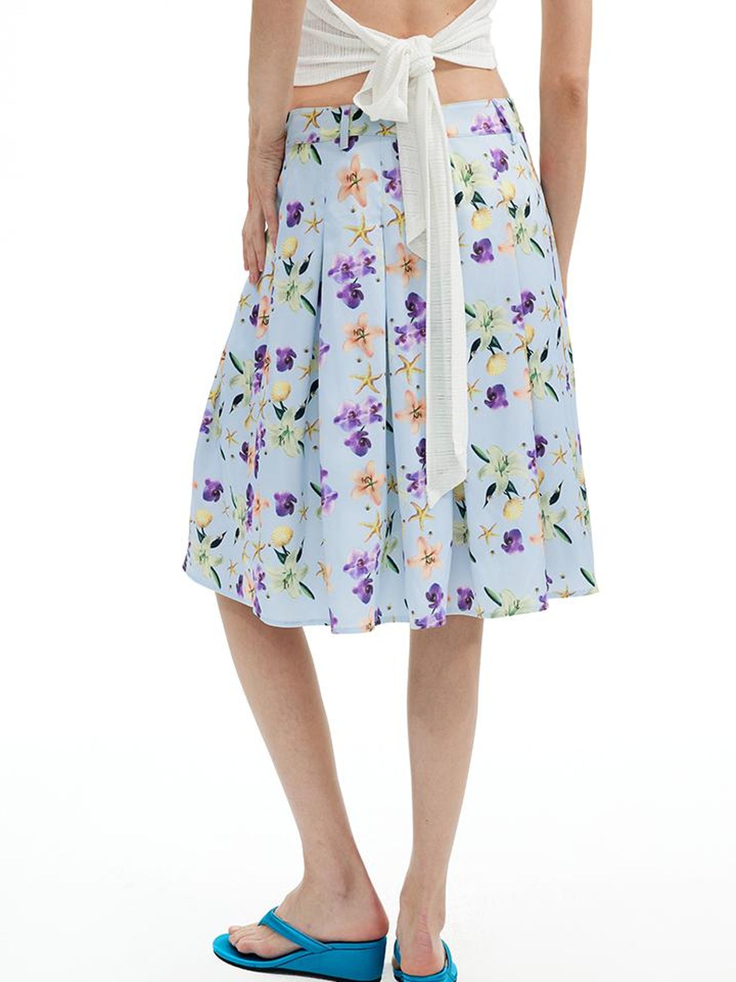 AFTADAWN Floral Print Pleated Midi Skirt with Blue Island Style