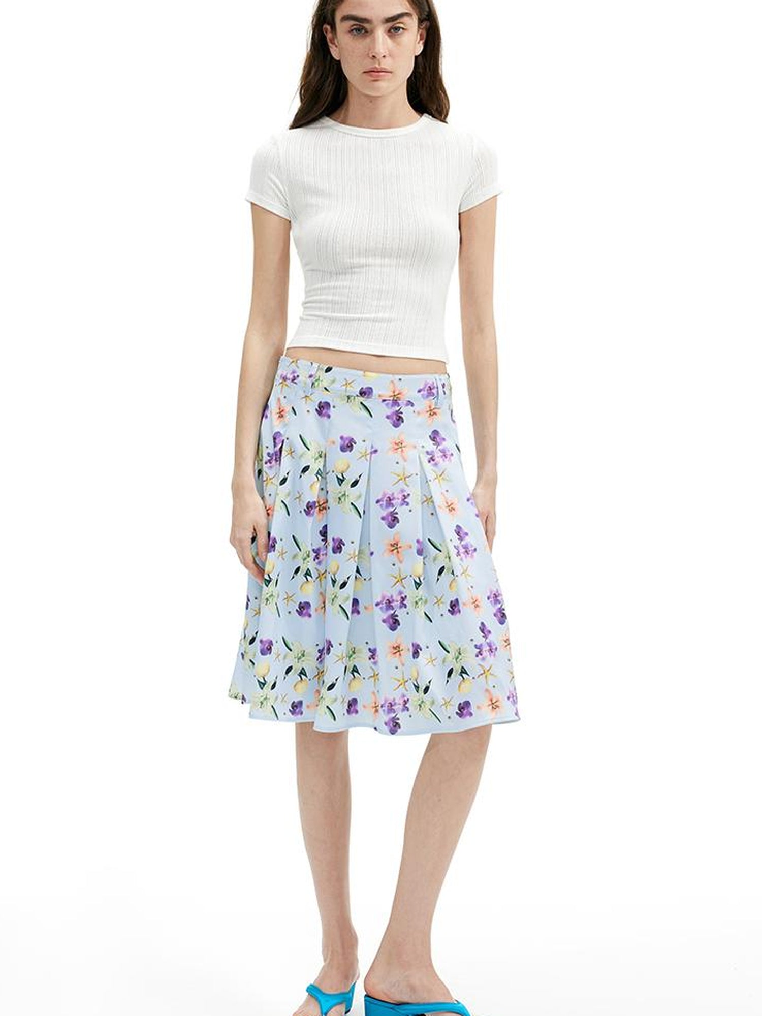 AFTADAWN Floral Print Pleated Midi Skirt with Blue Island Style