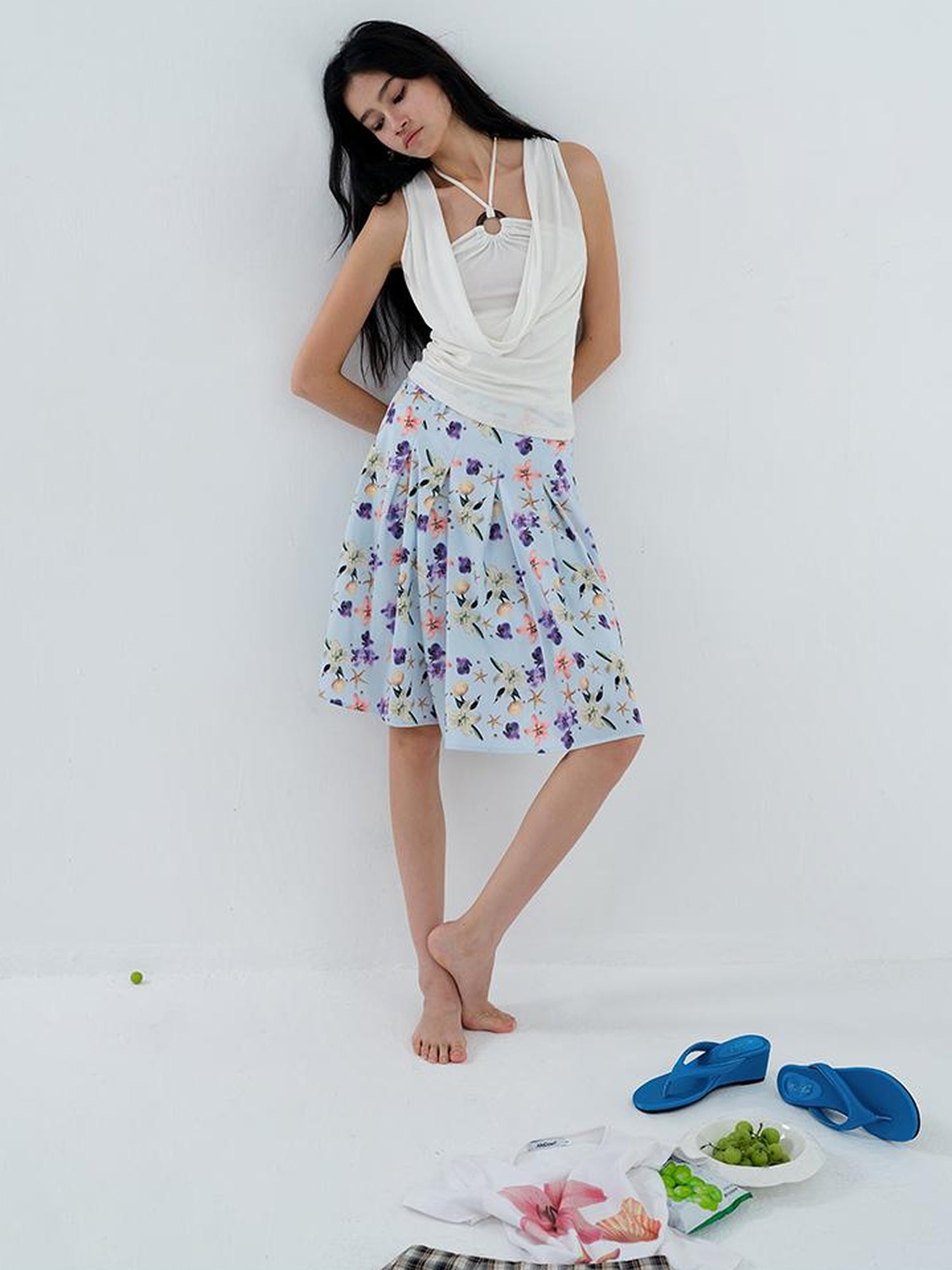 AFTADAWN Floral Print Pleated Midi Skirt with Blue Island Style