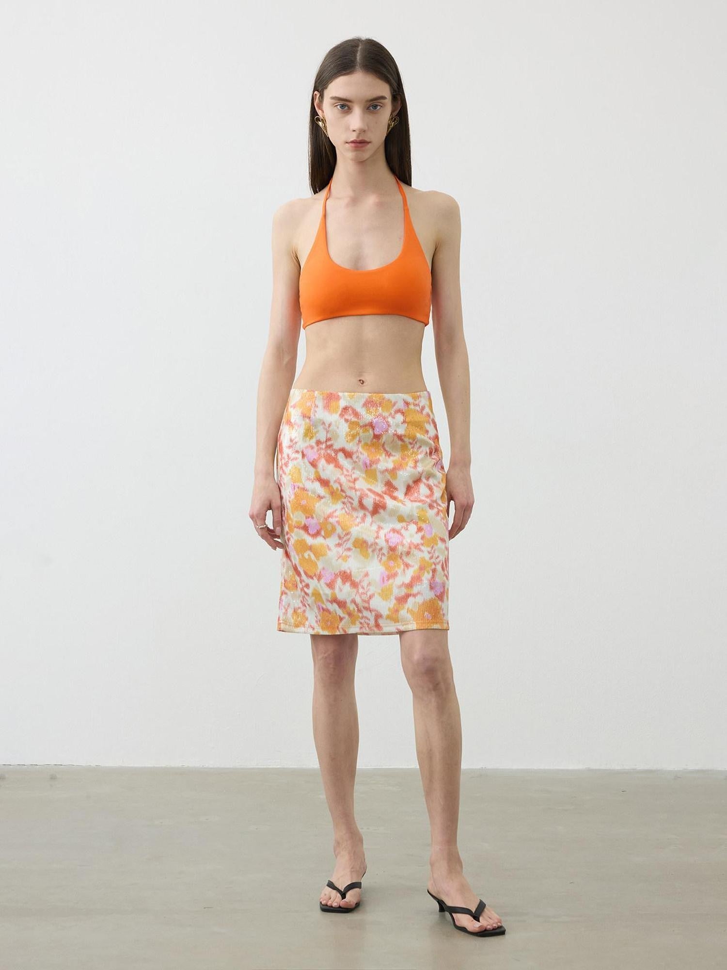 AFTADAWN Floral Sequin A Line Low Waist Zipper Women&