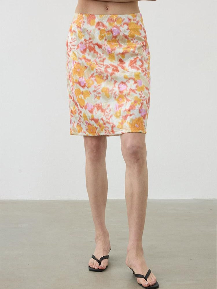 AFTADAWN Floral Sequin A Line Low Waist Zipper Women&