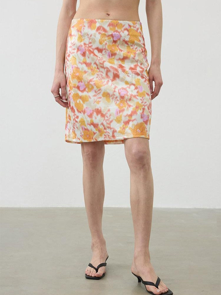 AFTADAWN Floral Sequin A Line Low Waist Zipper Women&
