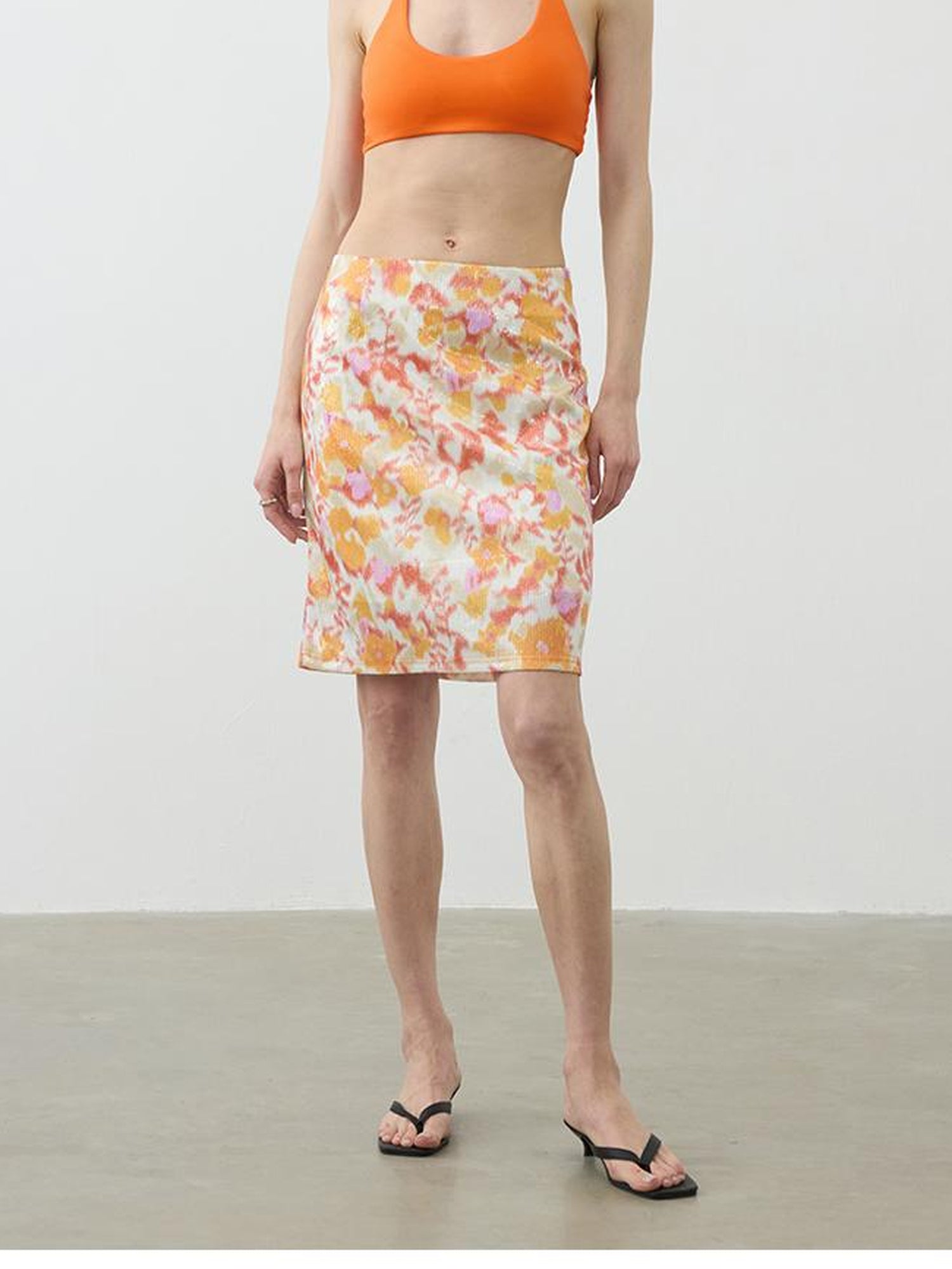 AFTADAWN Floral Sequin Midi Skirt Low Waist Straight Tube Skirt