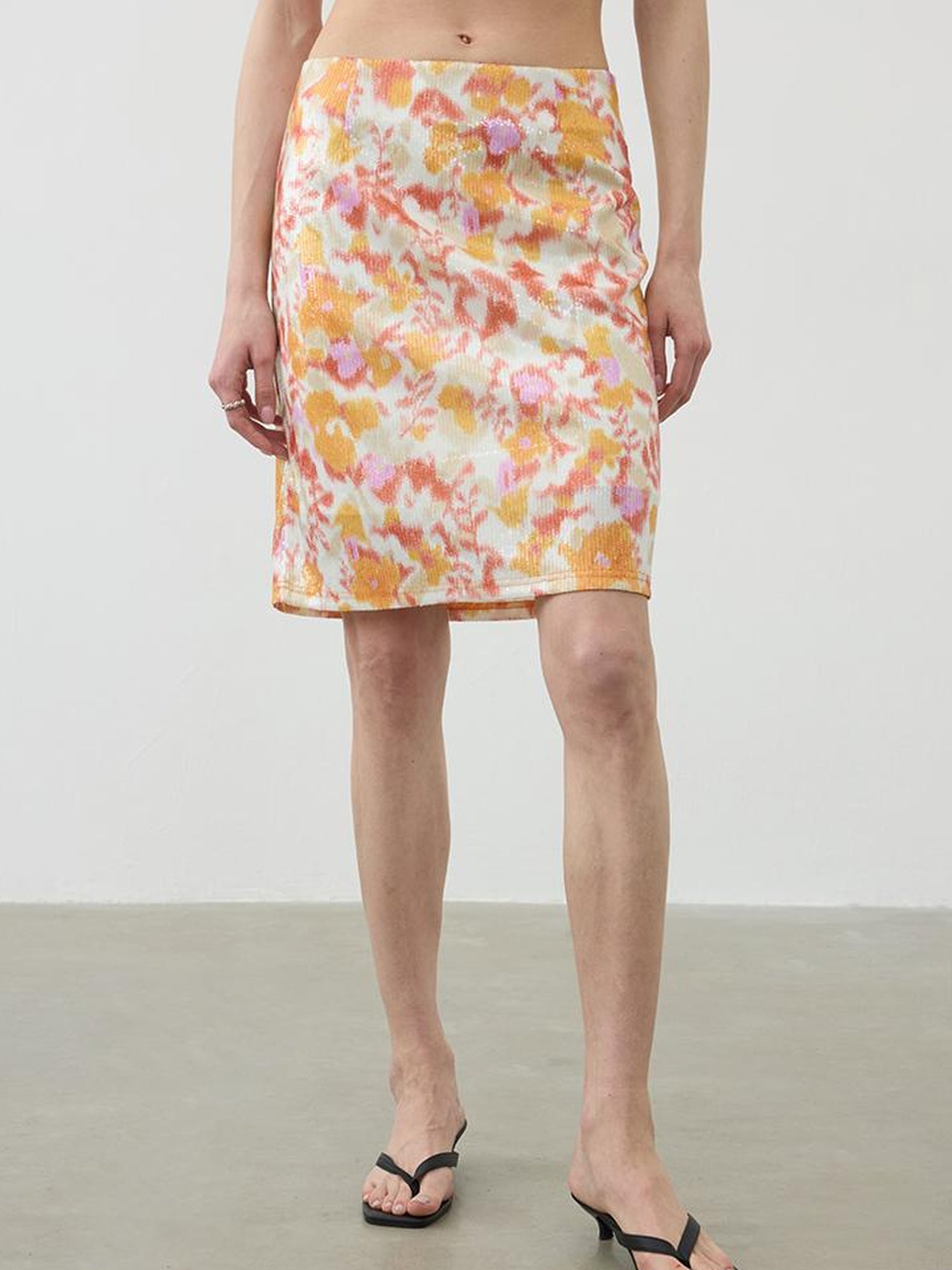 AFTADAWN Floral Sequin Midi Skirt Low Waist Straight Tube Skirt