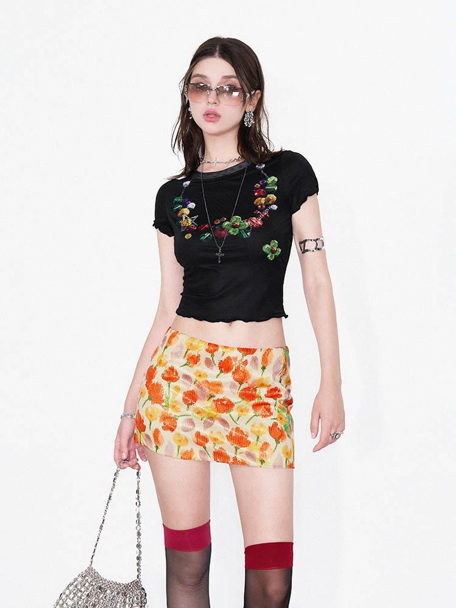 AFTADAWN Floral Sequin Tulip Bodycon Skirt