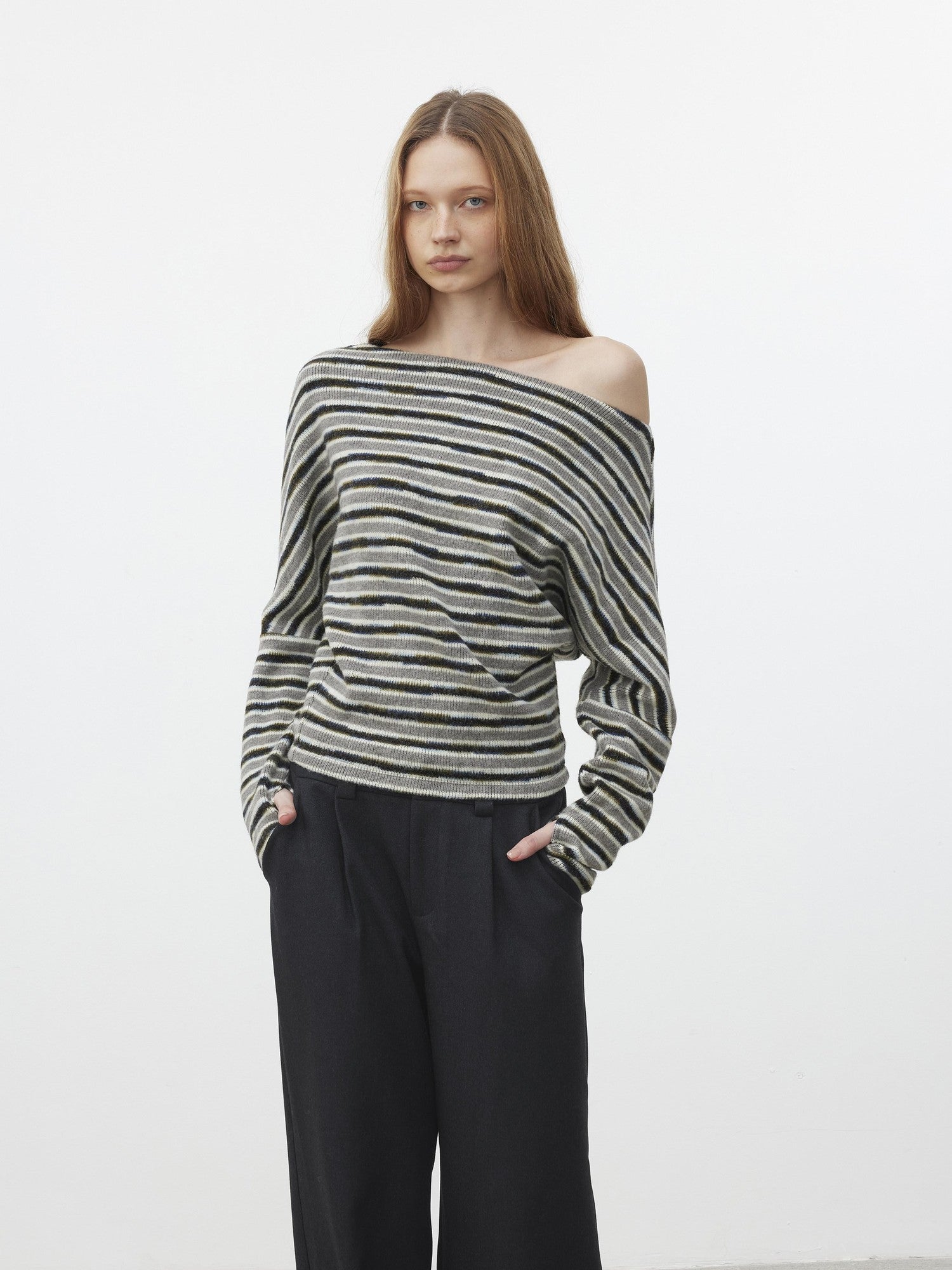 AFTADAWN Fluffy Colorblock Striped Off Shoulder Waist Cinch Women&