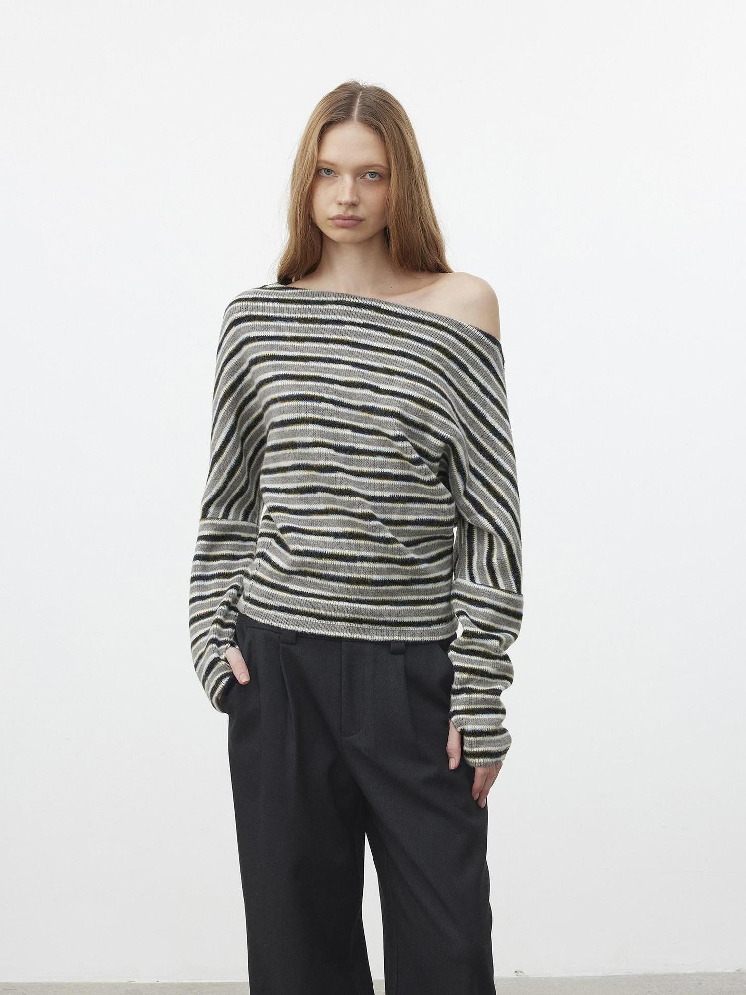 AFTADAWN Fluffy Colorblock Striped Off Shoulder Waist Cinch Women&