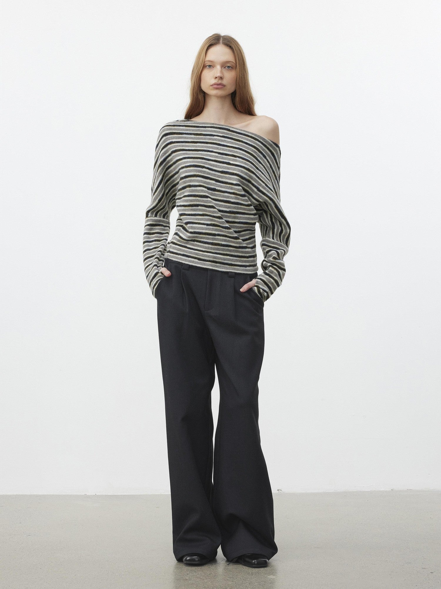 AFTADAWN Fluffy Colorblock Striped Off Shoulder Waist Cinch Women&