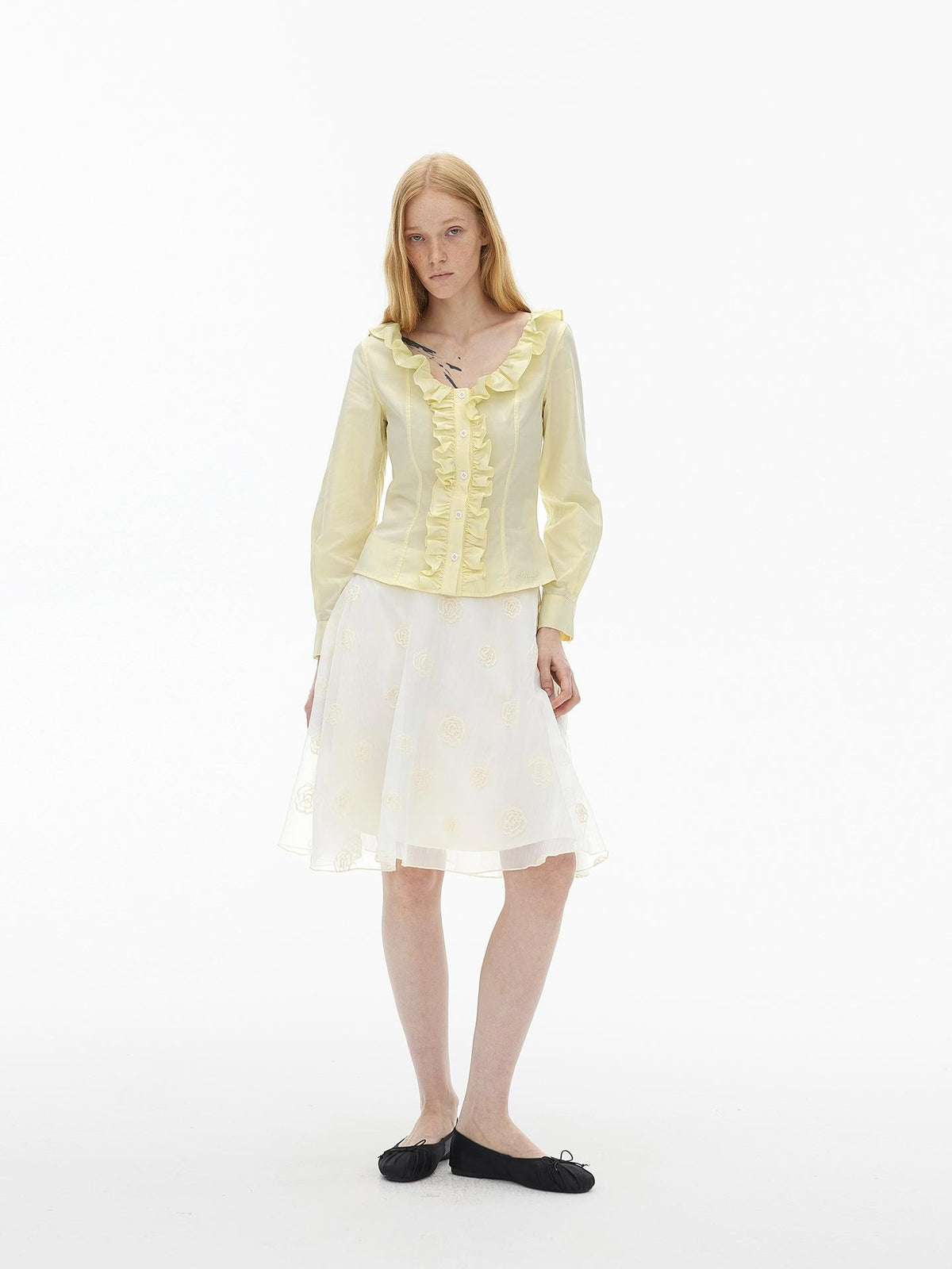 AFTADAWN French Ruffled V-neck Waist Cinch Lyocell Women&