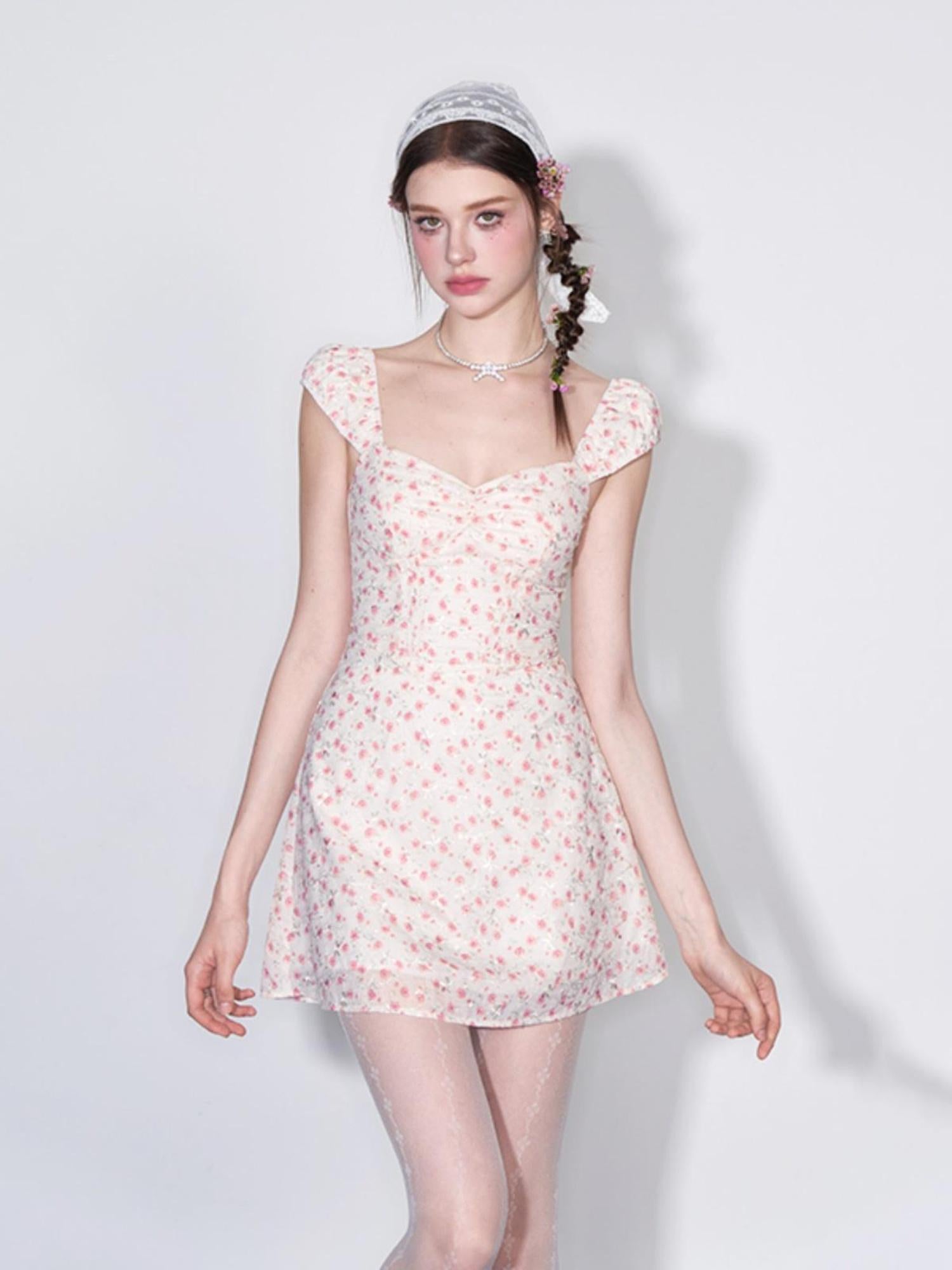 AFTADAWN French Square Neck Ruffle Waist Floral Dress