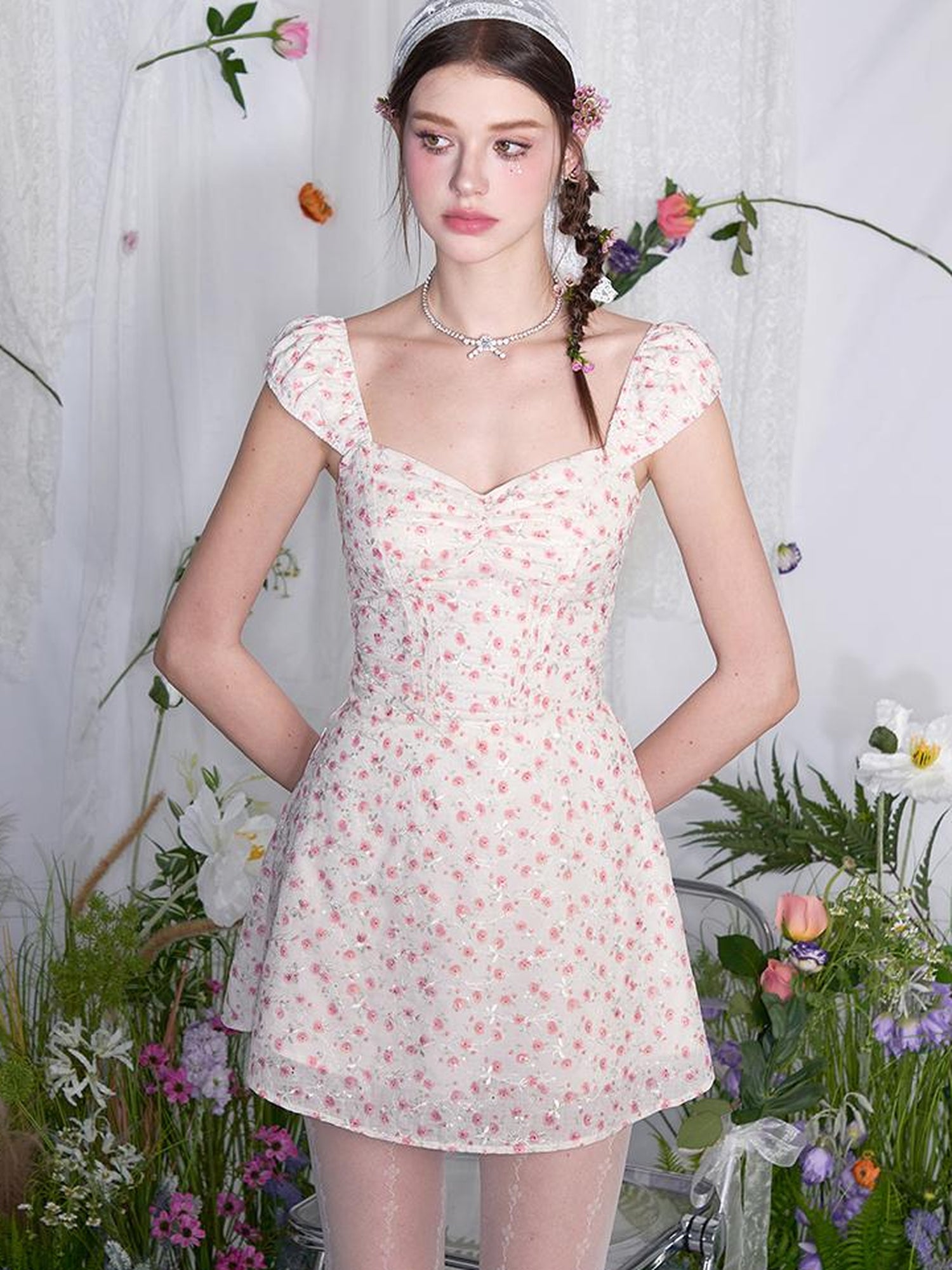 AFTADAWN French Square Neck Ruffle Waist Floral Dress