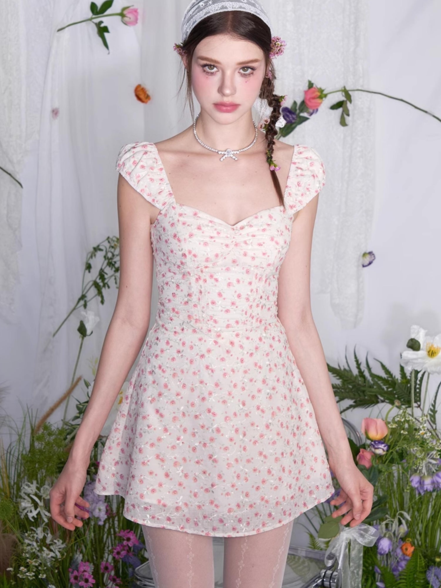 AFTADAWN French Square Neck Ruffle Waist Floral Dress