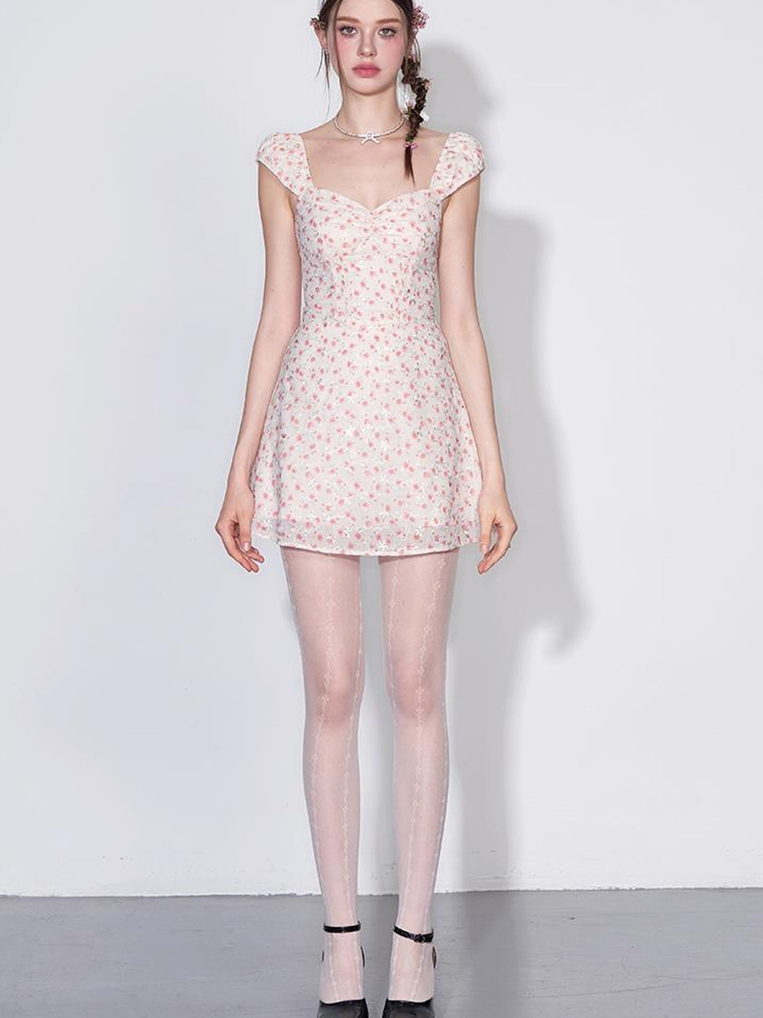 AFTADAWN French Square Neck Ruffle Waist Floral Dress