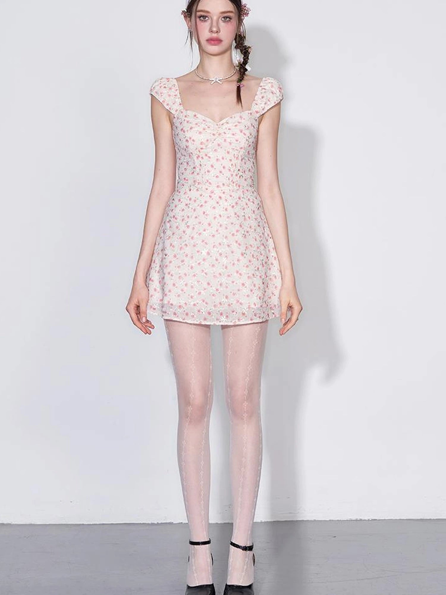 French Square Neck Ruffle Waist Floral Dress