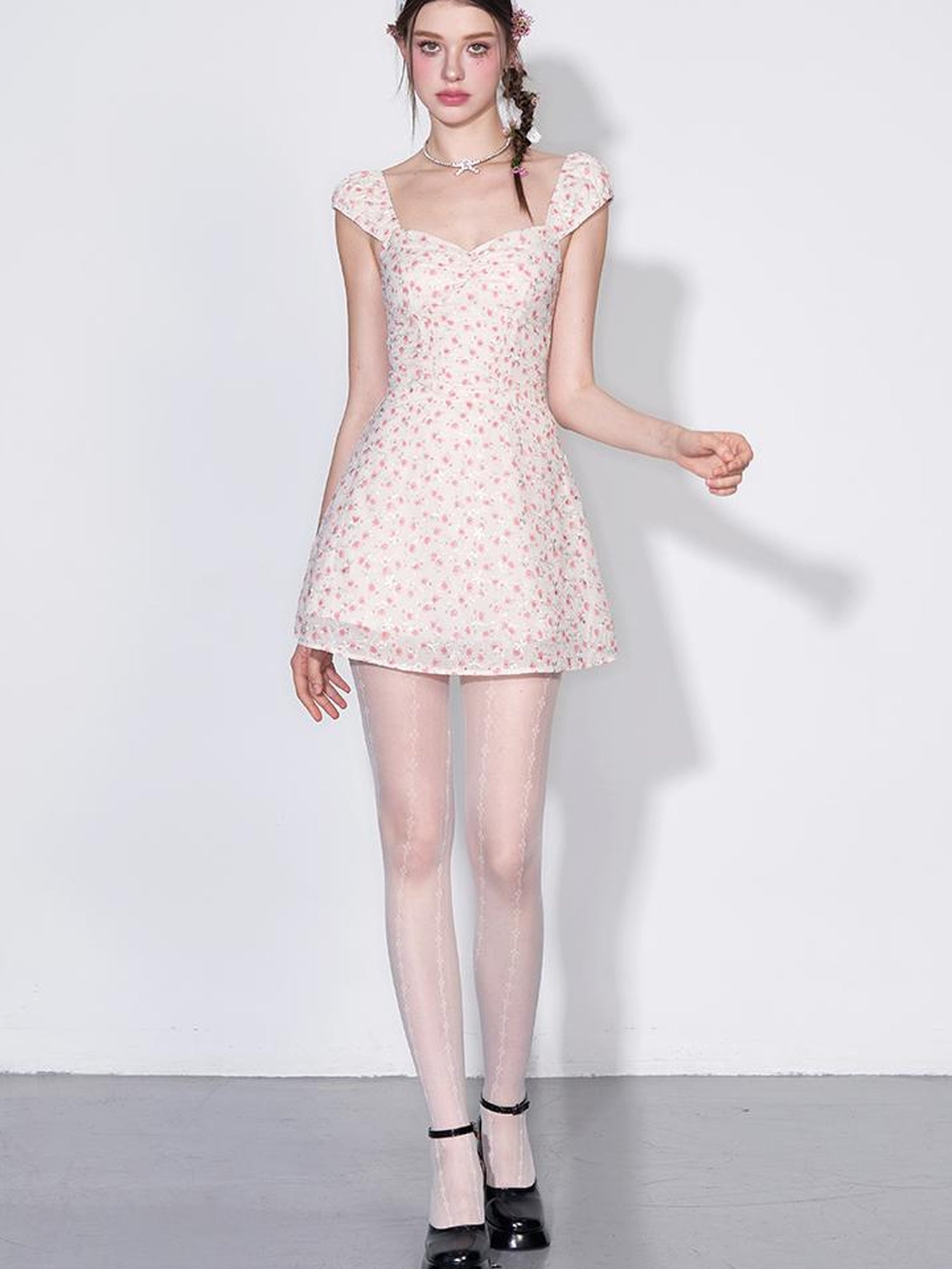AFTADAWN French Square Neck Ruffle Waist Floral Dress