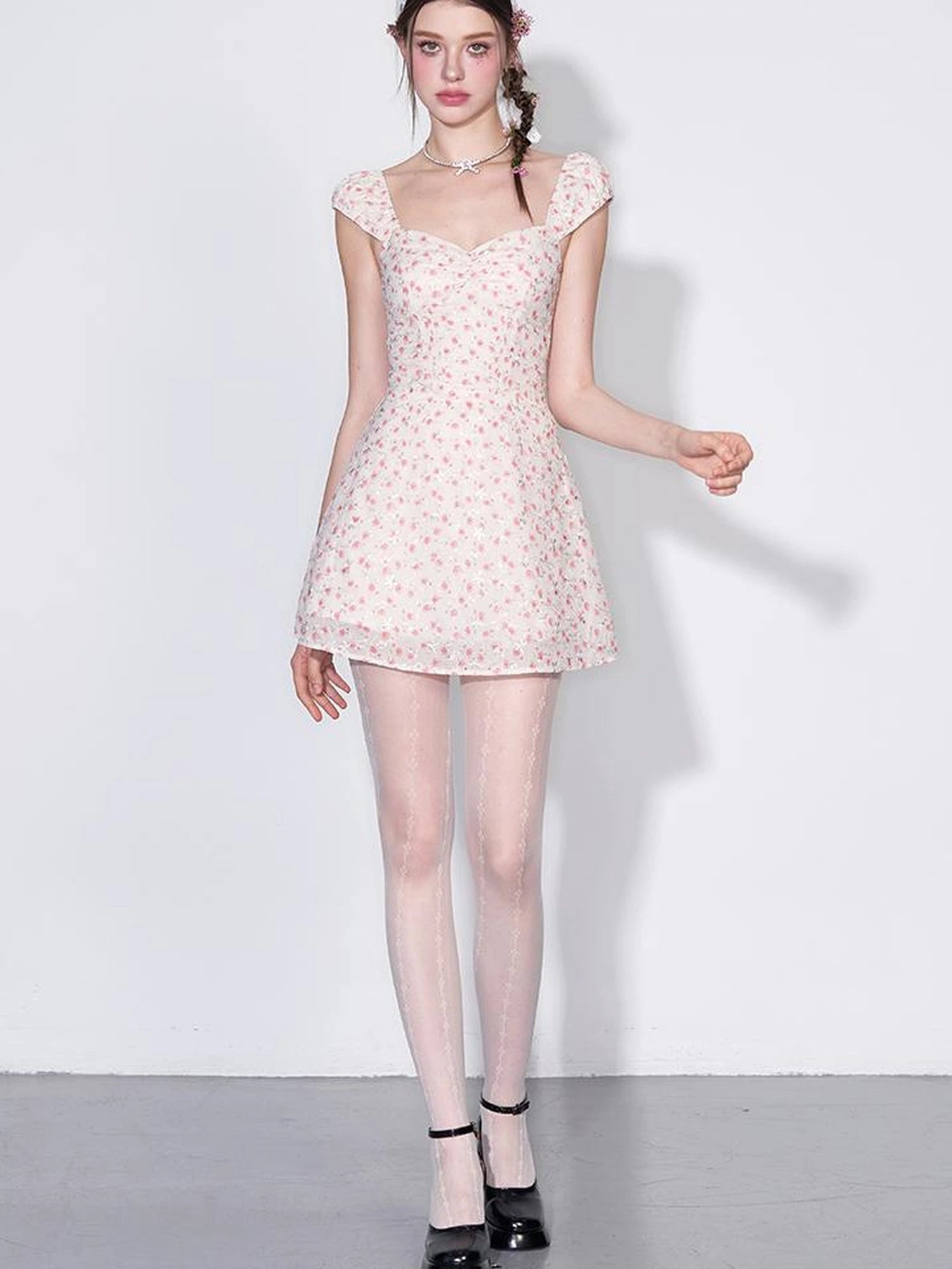 French Square Neck Ruffle Waist Floral Dress