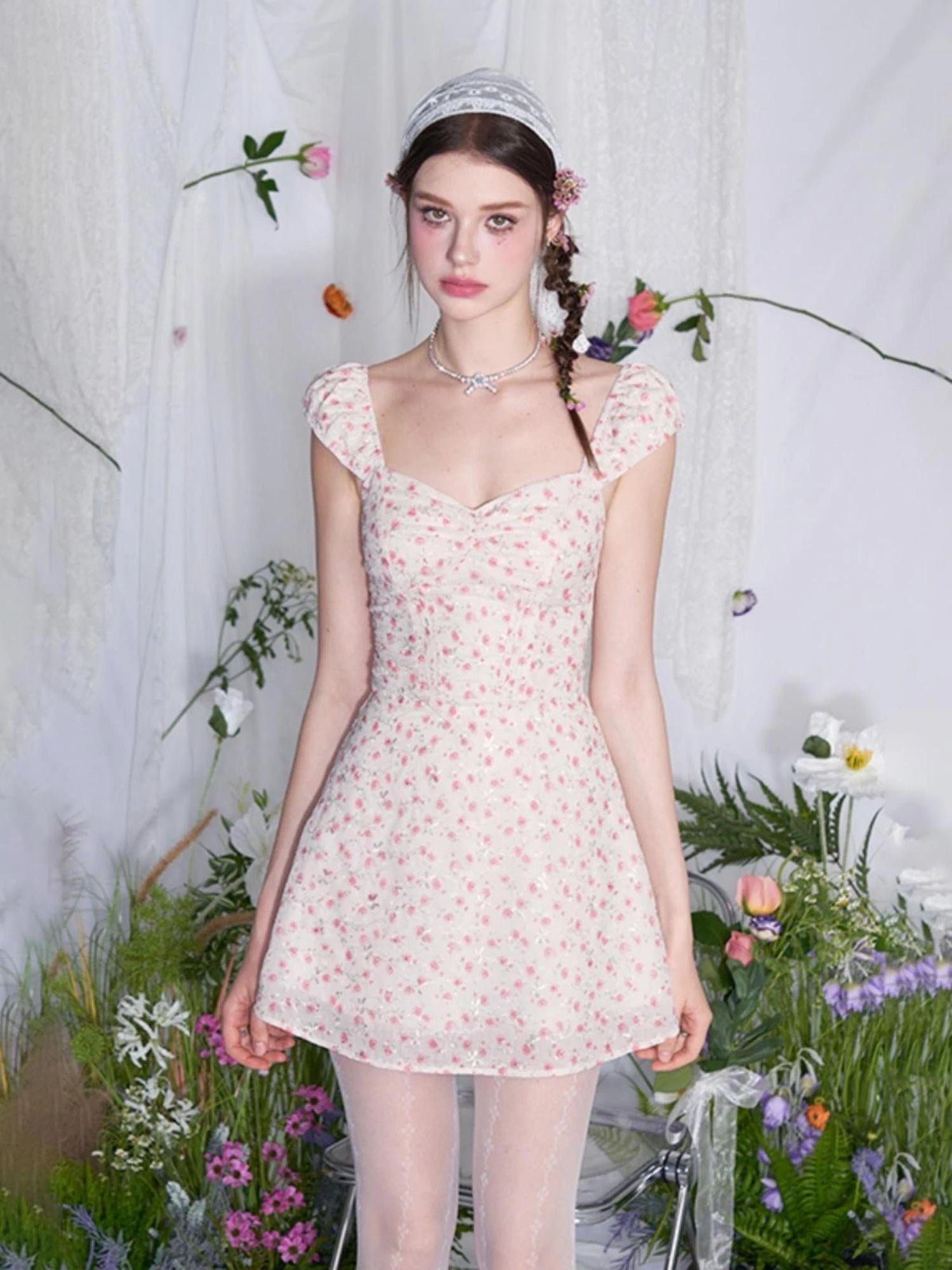 French Square Neck Ruffle Waist Floral Dress