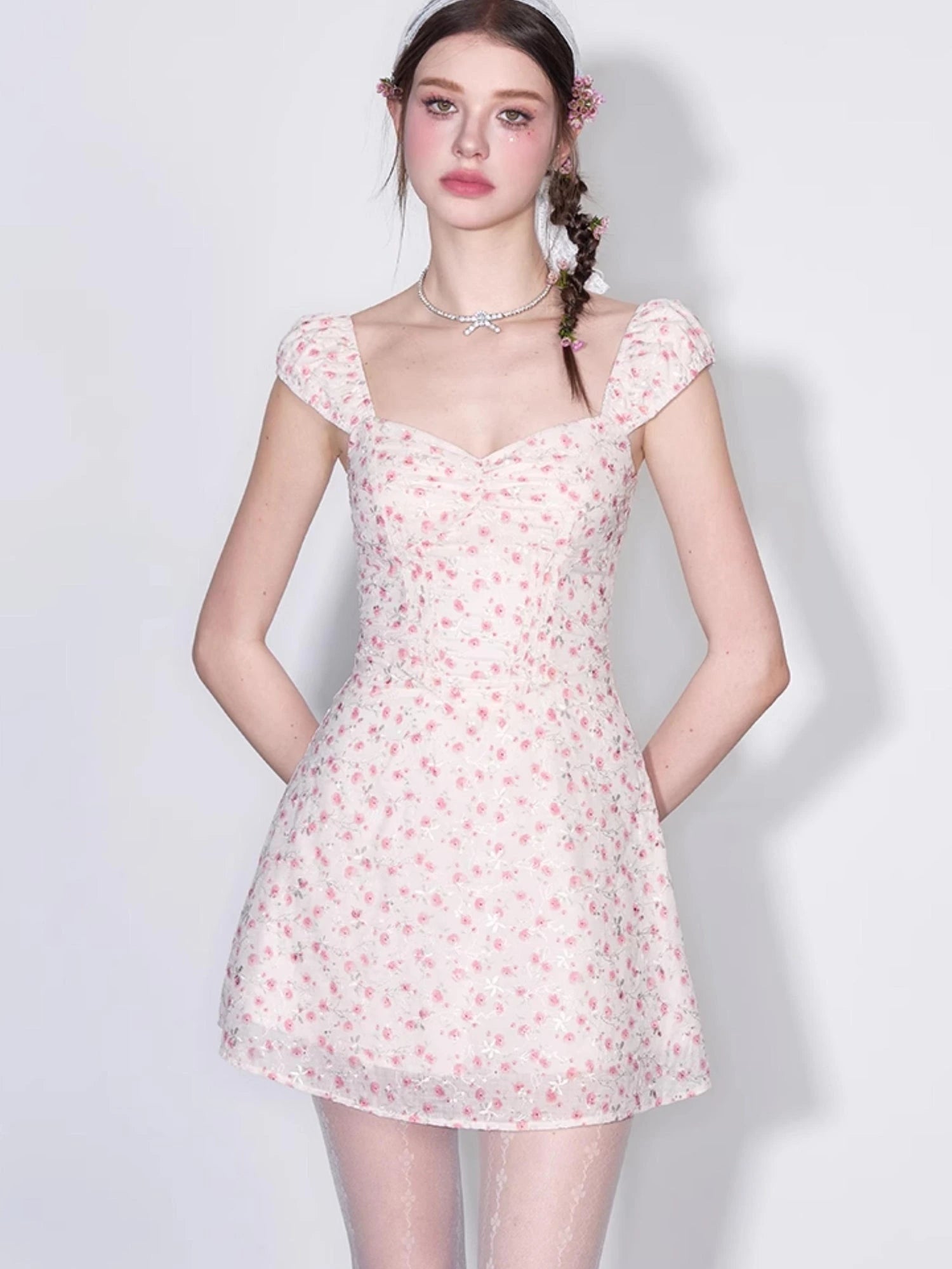 French Square Neck Ruffle Waist Floral Dress