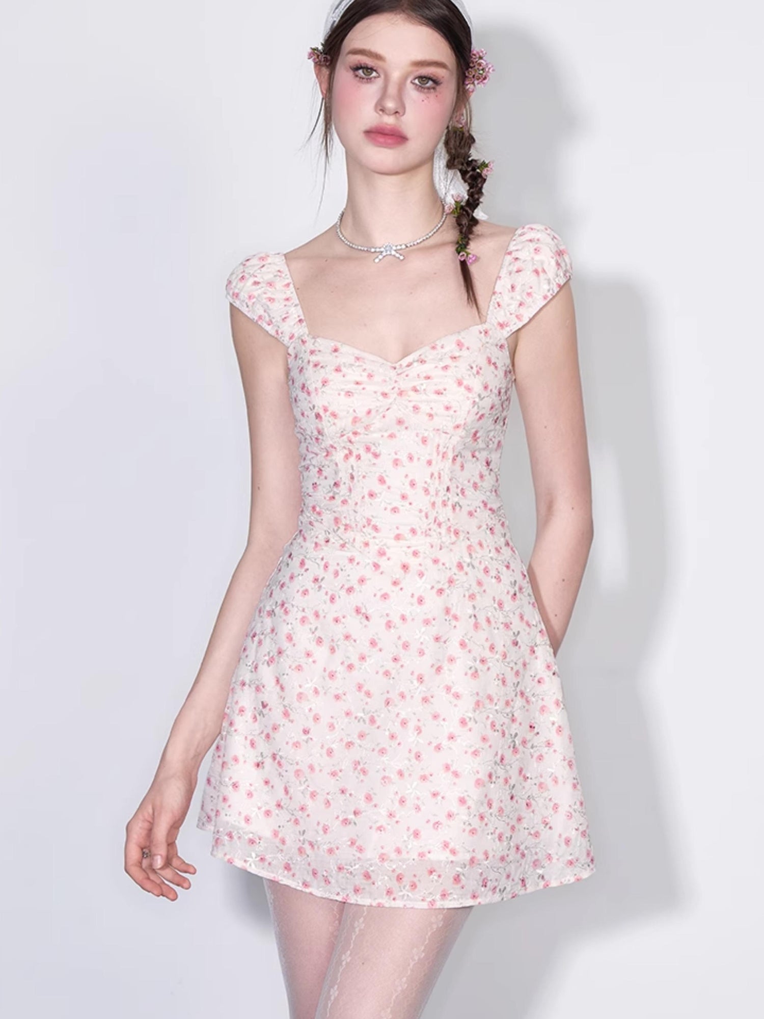 AFTADAWN French Square Neck Ruffle Waist Floral Dress