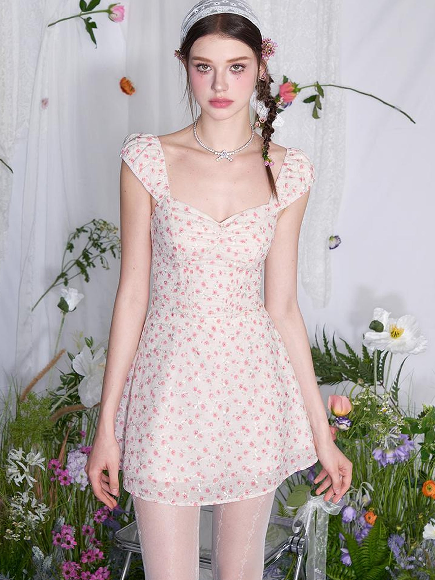 AFTADAWN French Square Neck Ruffle Waist Floral Dress