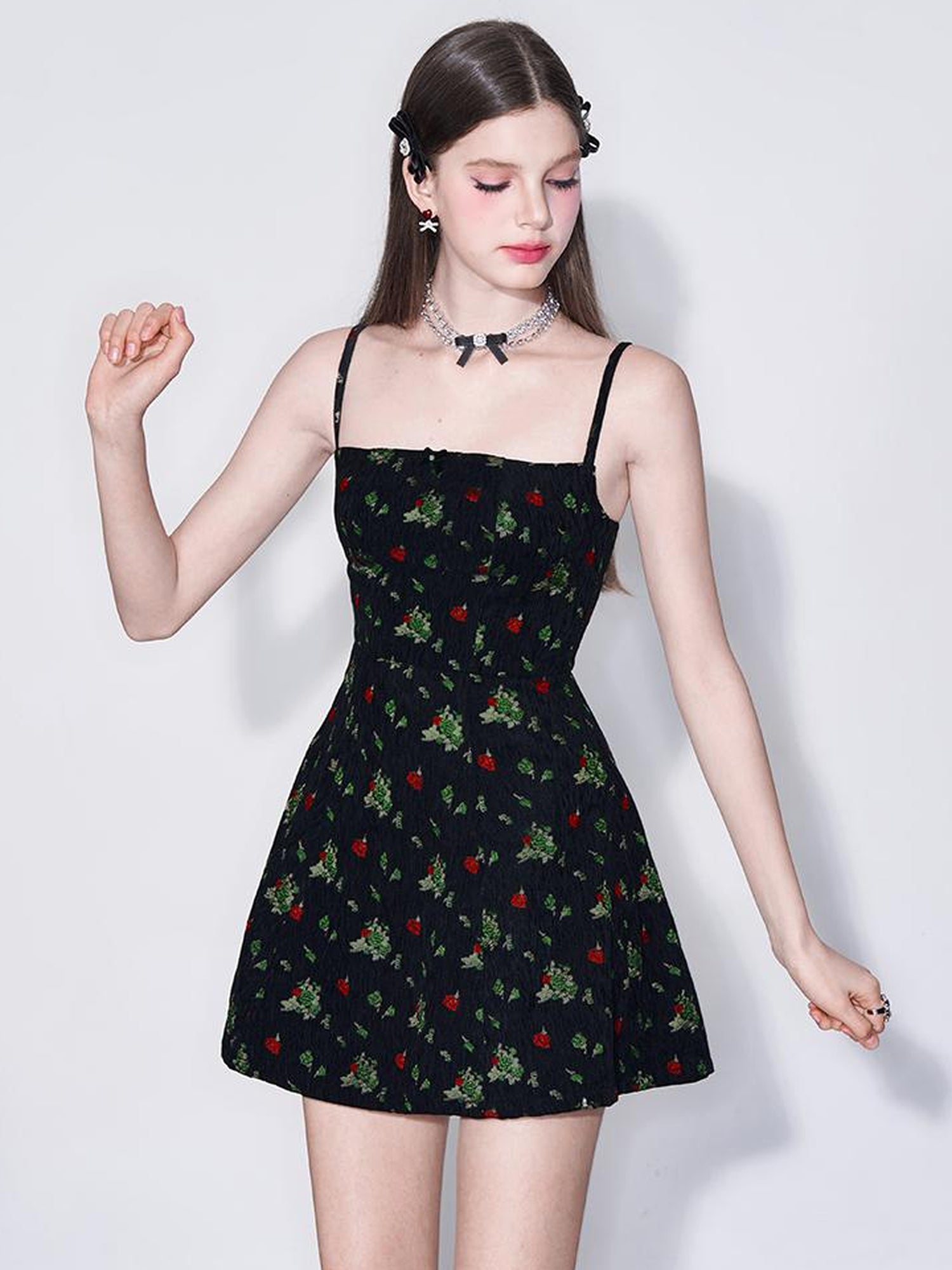 AFTADAWN French Tea Embroidered Floral Bow Waist A Line Sundress