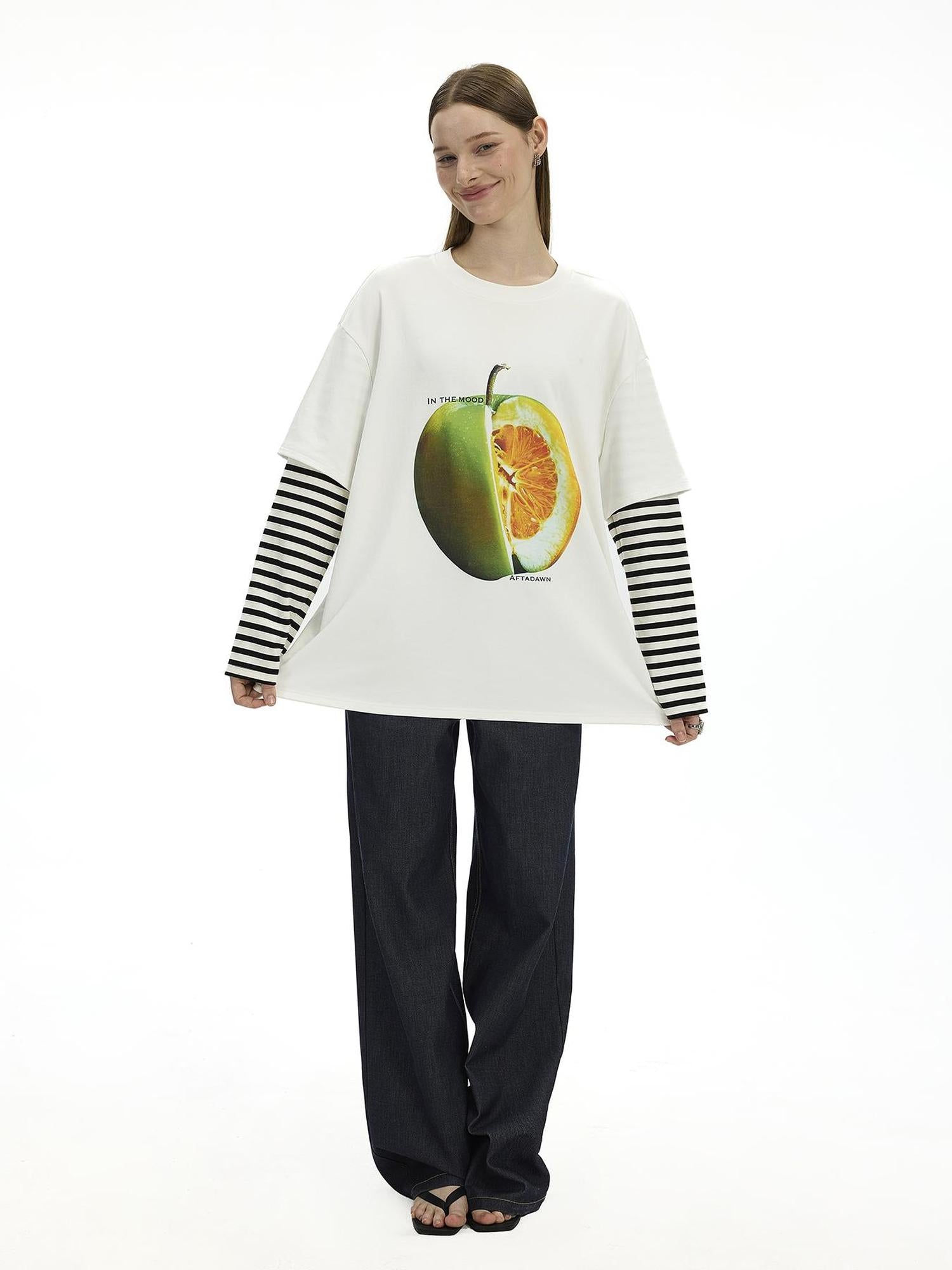 AFTADAWN Fruit Print Stripe Sleeve Relaxed Fit Tee