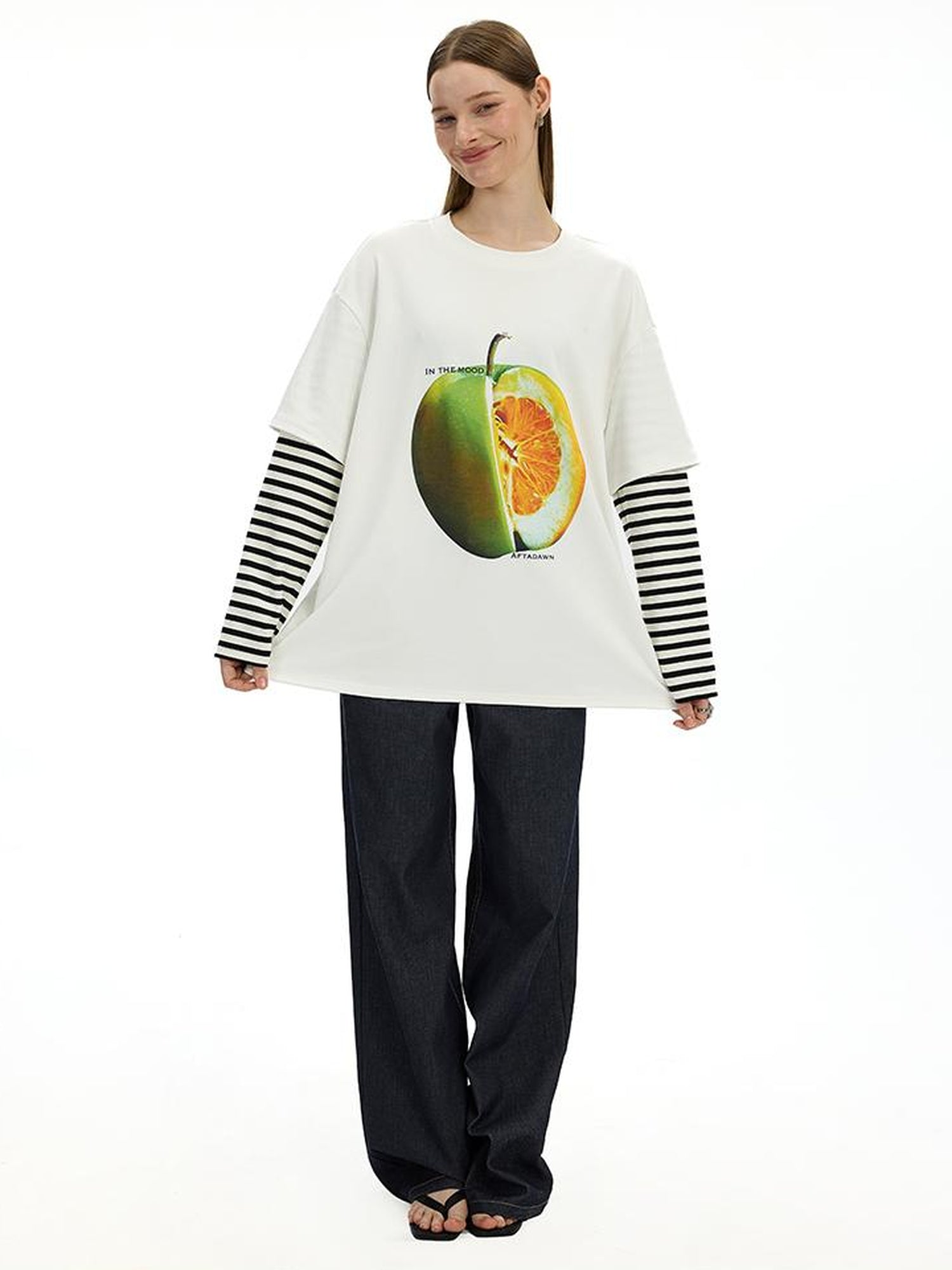 AFTADAWN Fruit Print Stripe Sleeve Relaxed Fit Tee
