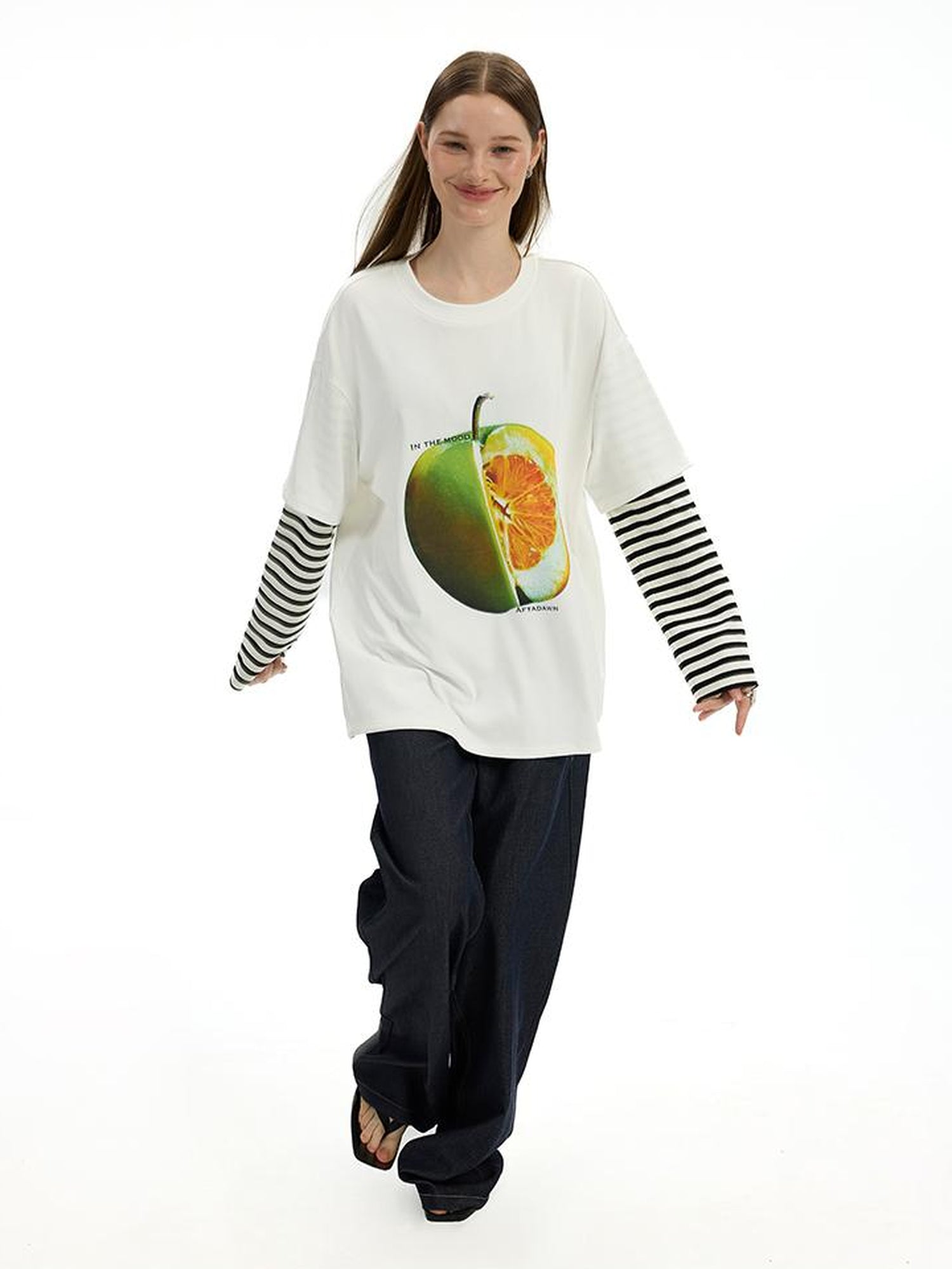 AFTADAWN Fruit Print Stripe Sleeve Relaxed Fit Tee