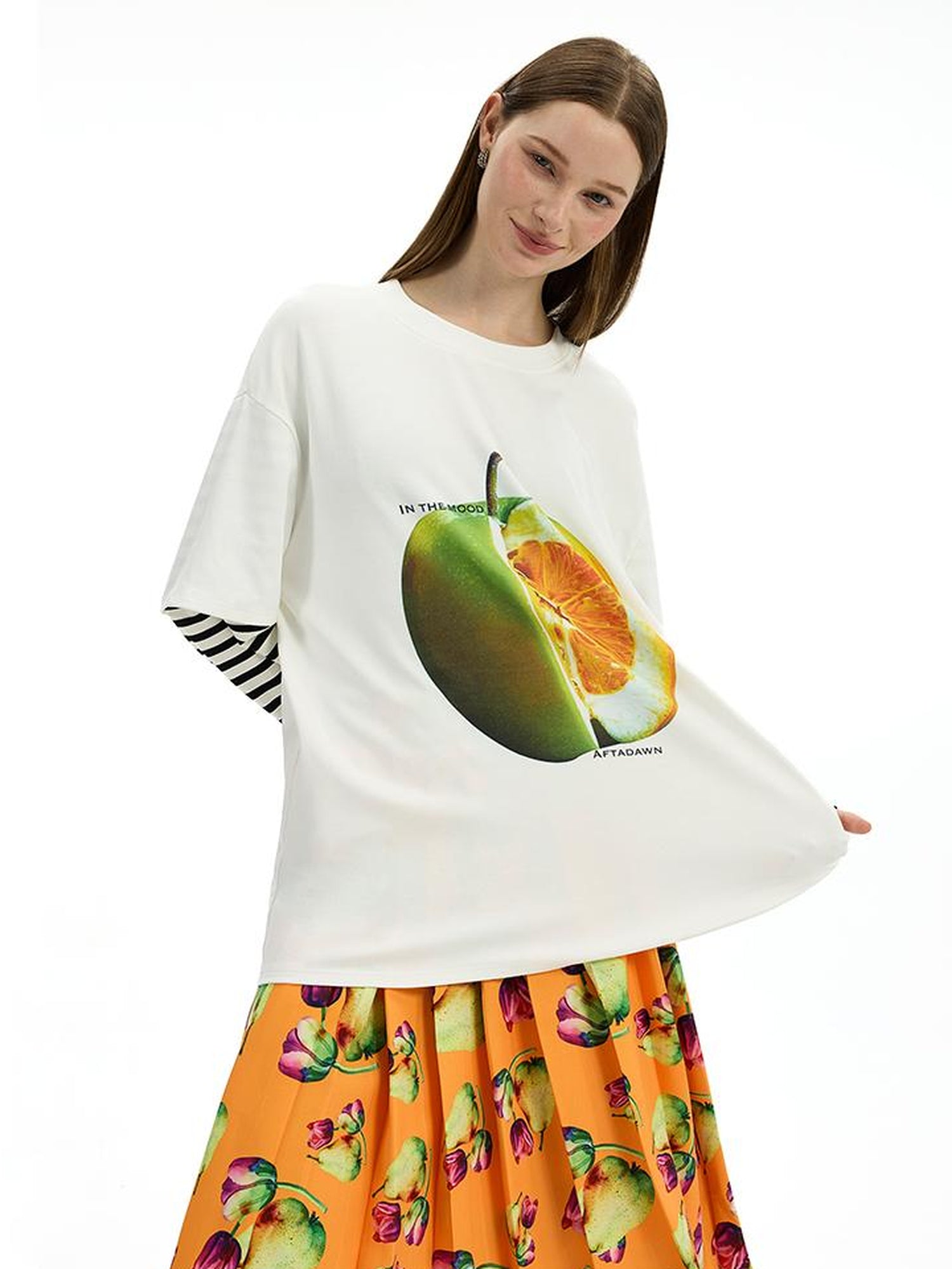 AFTADAWN Fruit Print Stripe Sleeve Relaxed Fit Tee
