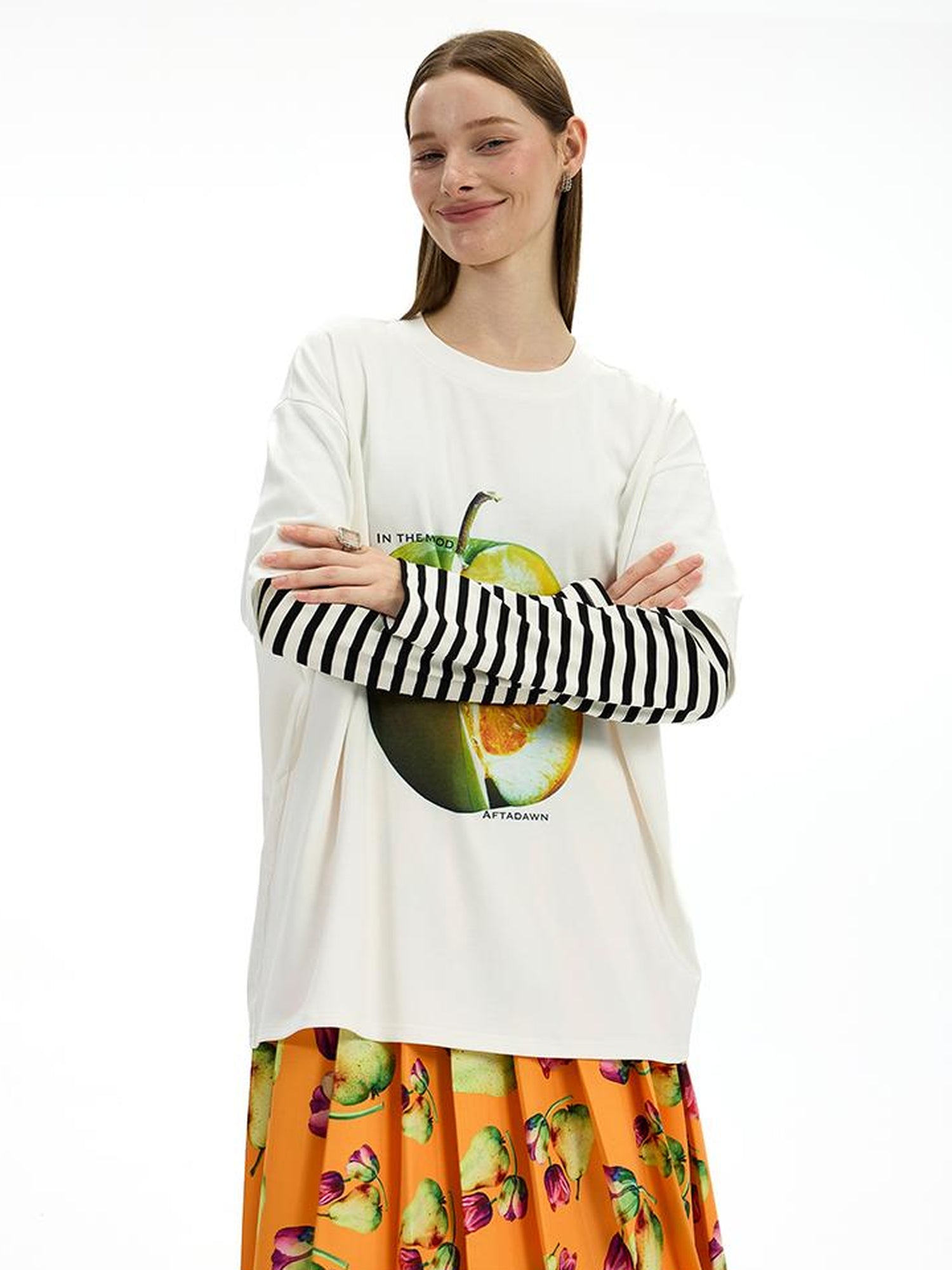 AFTADAWN Fruit Print Stripe Sleeve Relaxed Fit Tee