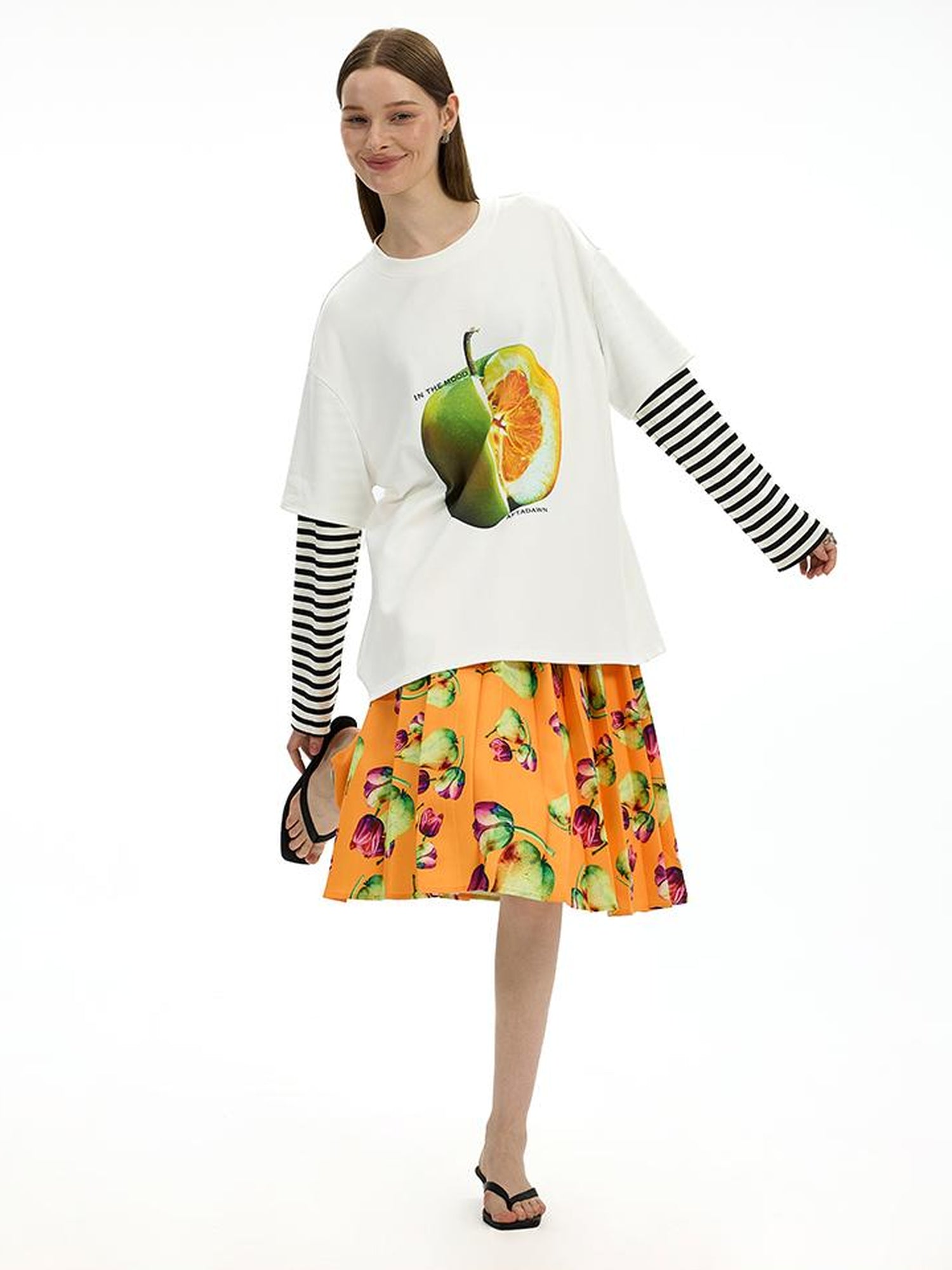 AFTADAWN Fruit Print Stripe Sleeve Relaxed Fit Tee