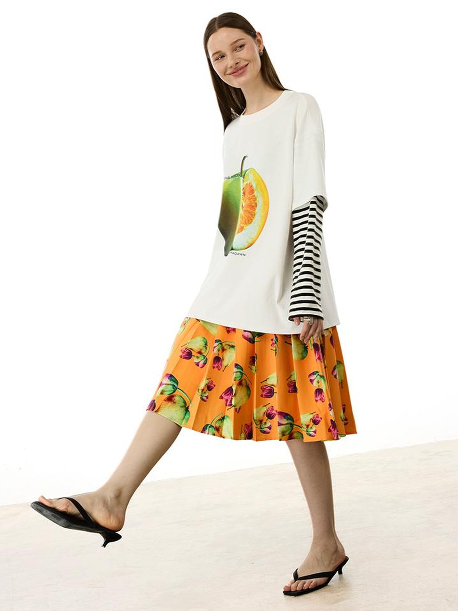 AFTADAWN Fruit Print Stripe Sleeve Relaxed Fit Tee