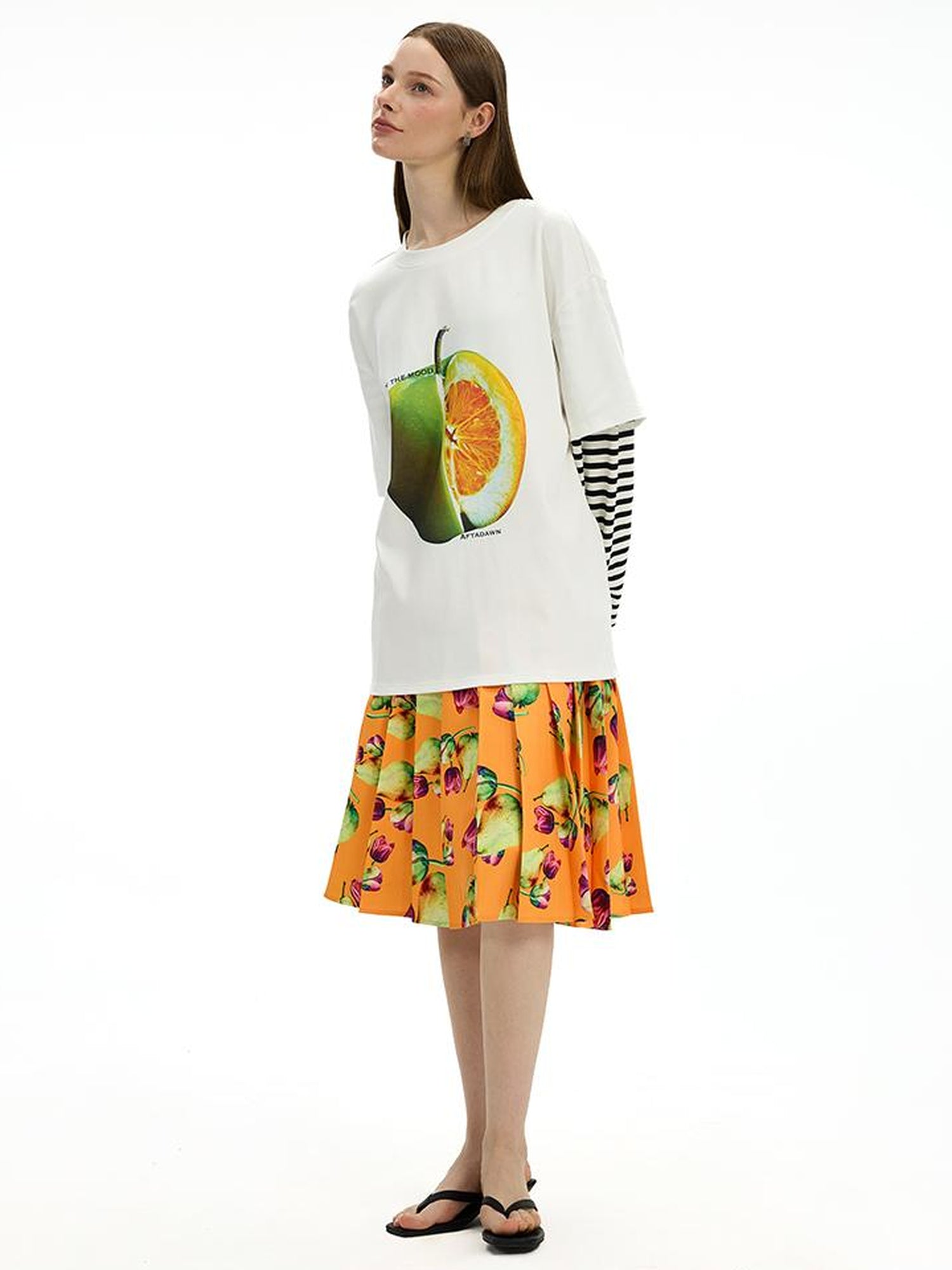 AFTADAWN Fruit Print Stripe Sleeve Relaxed Fit Tee