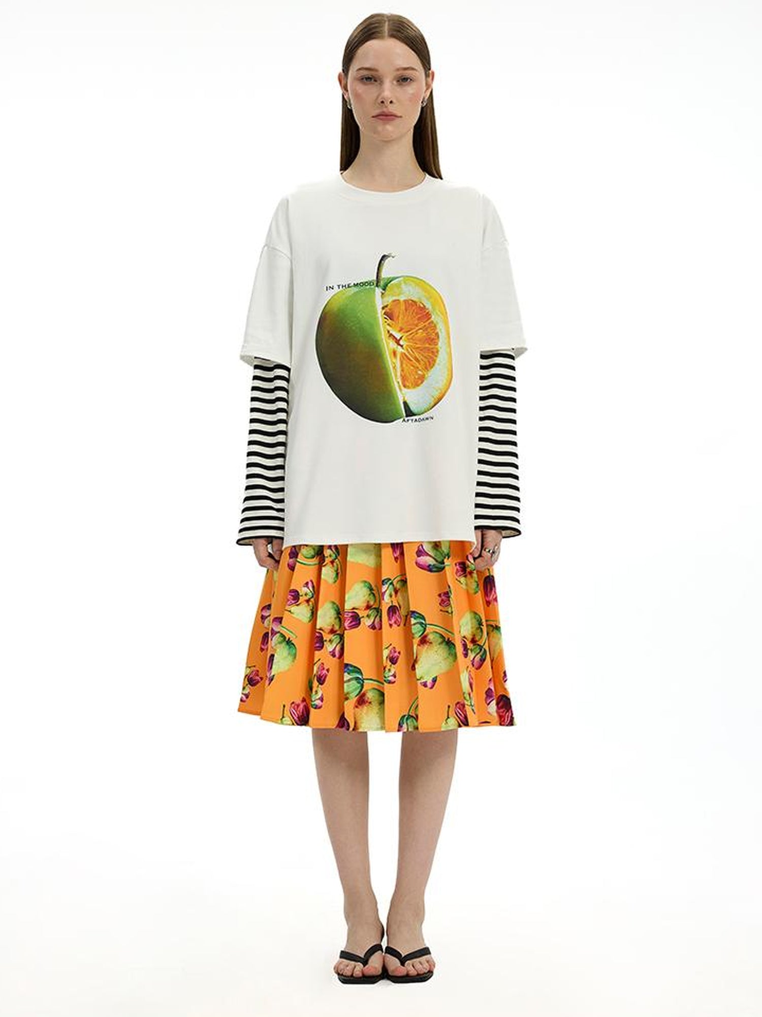 AFTADAWN Fruit Print Stripe Sleeve Relaxed Fit Tee