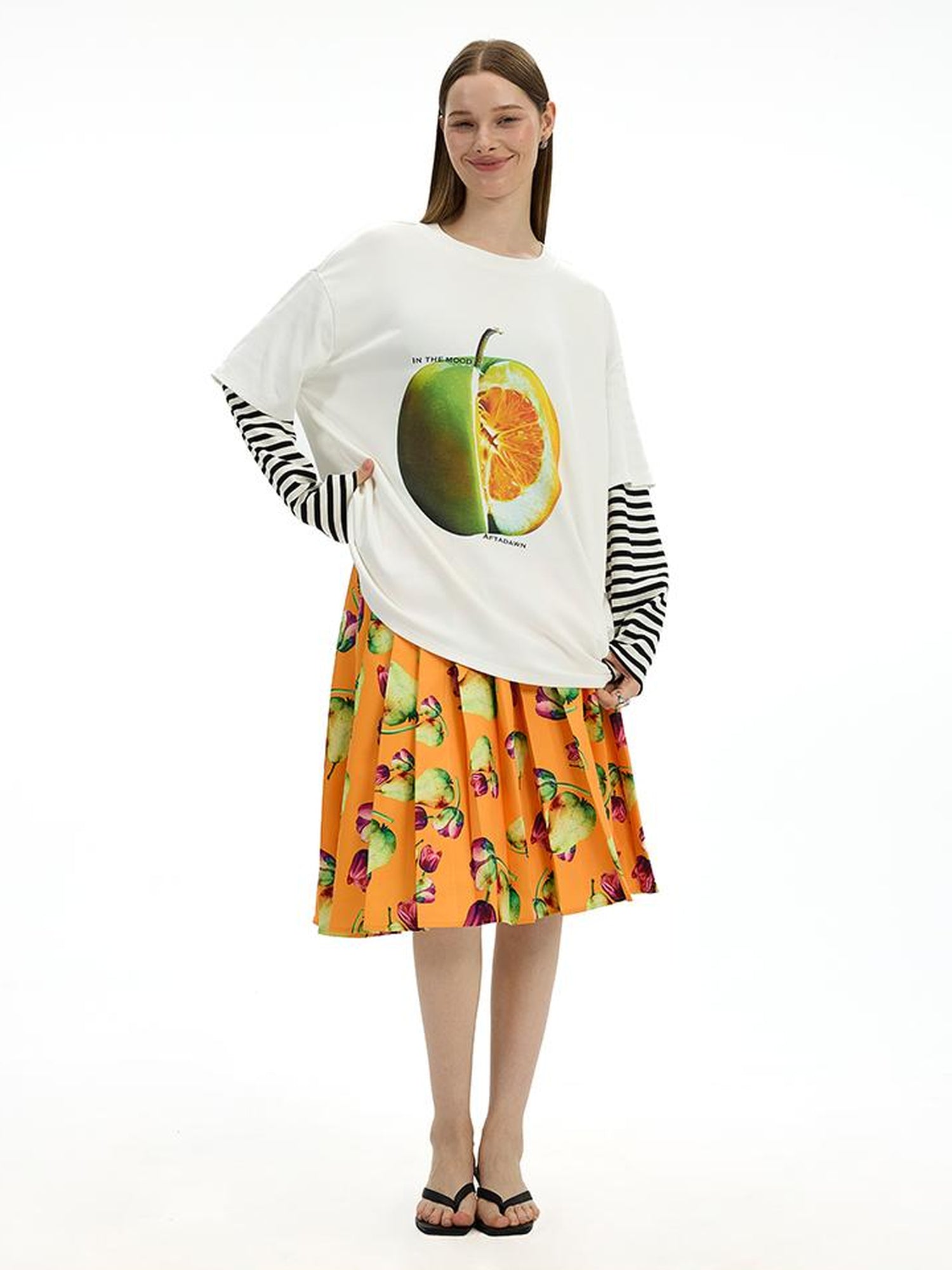 AFTADAWN Fruit Print Stripe Sleeve Relaxed Fit Tee