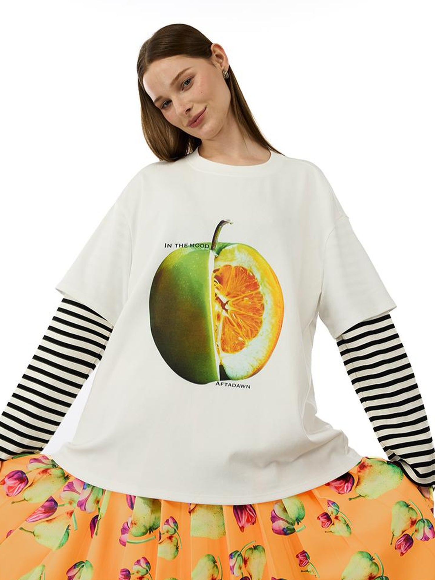 AFTADAWN Fruit Print Stripe Sleeve Relaxed Fit Tee