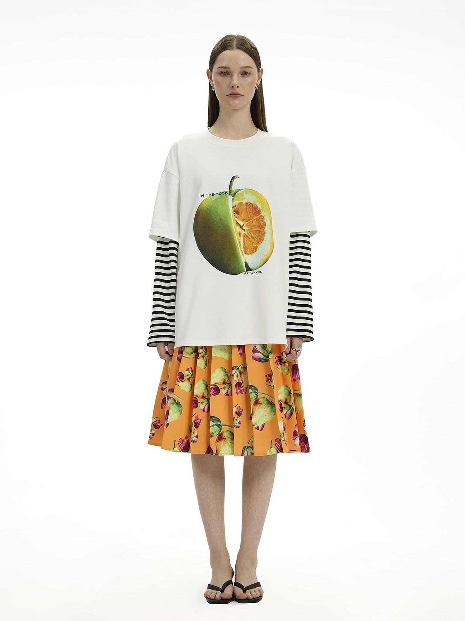 AFTADAWN Fruit Print Stripe Sleeve Relaxed Fit Tee