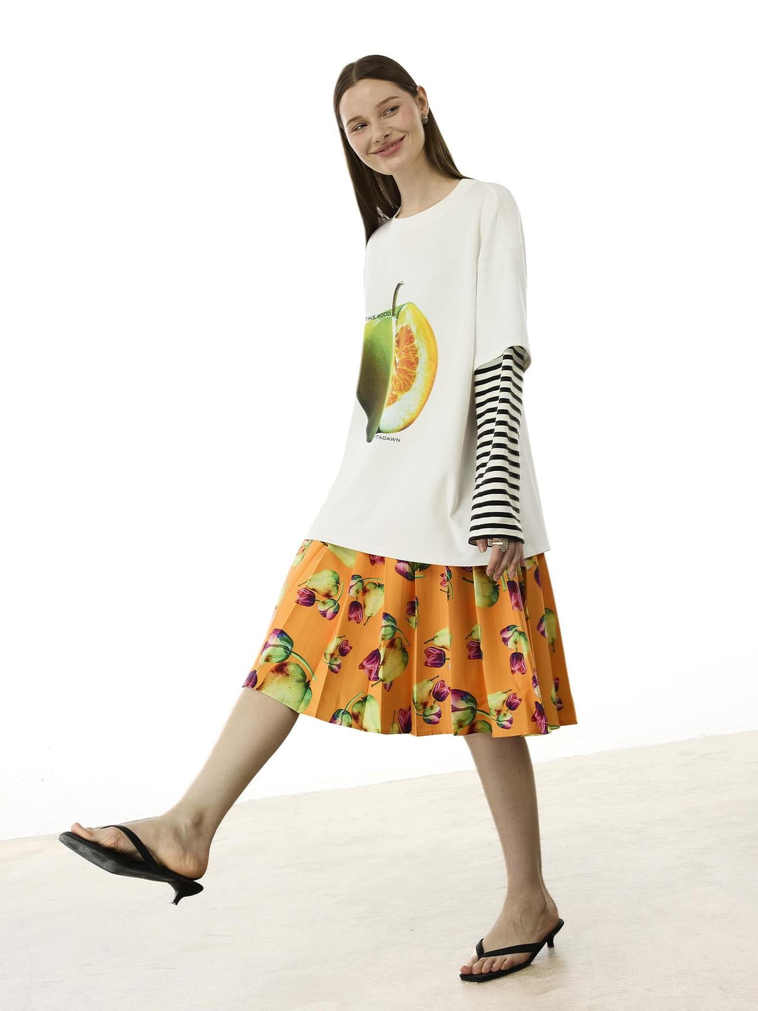 AFTADAWN Fruit Print Stripe Sleeve Relaxed Fit Tee