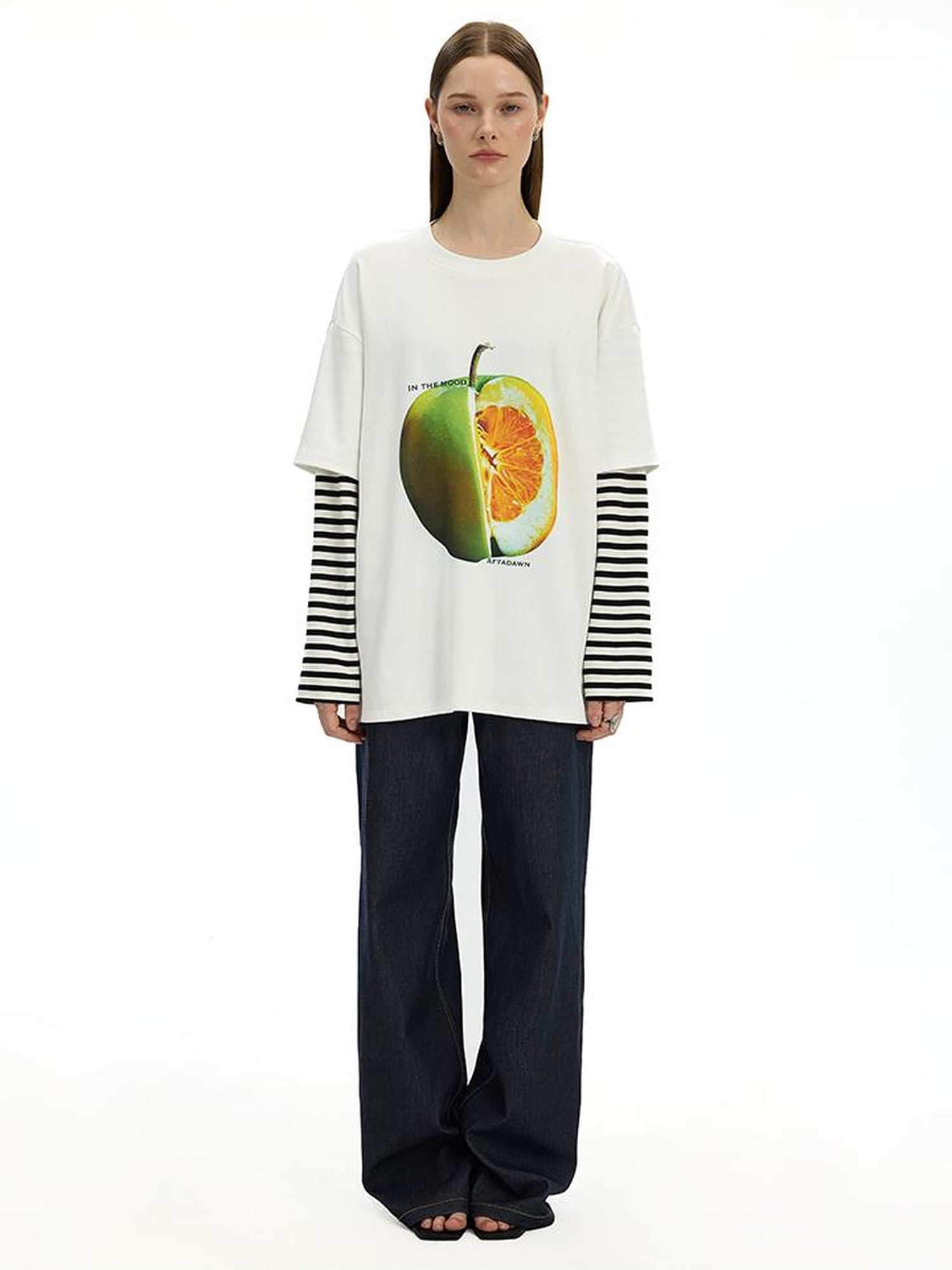 AFTADAWN Fruit Print Stripe Sleeve Relaxed Fit Tee