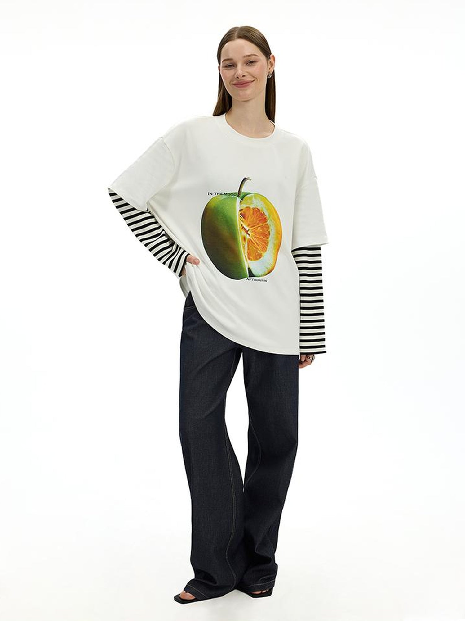 AFTADAWN Fruit Print Stripe Sleeve Relaxed Fit Tee