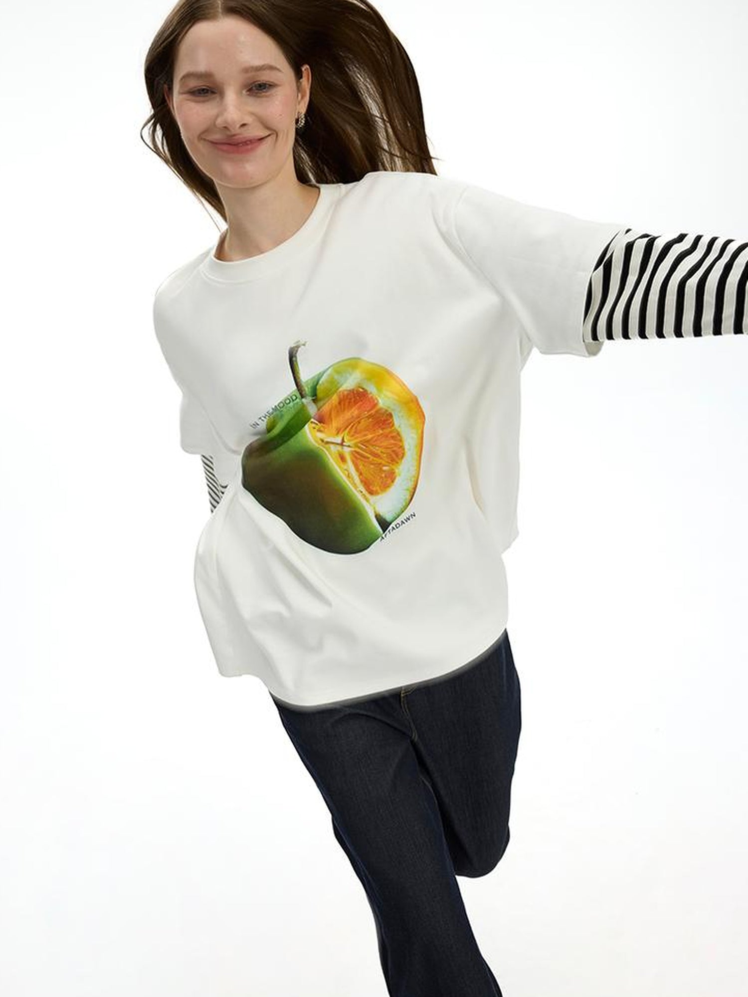 AFTADAWN Fruit Print Stripe Sleeve Relaxed Fit Tee
