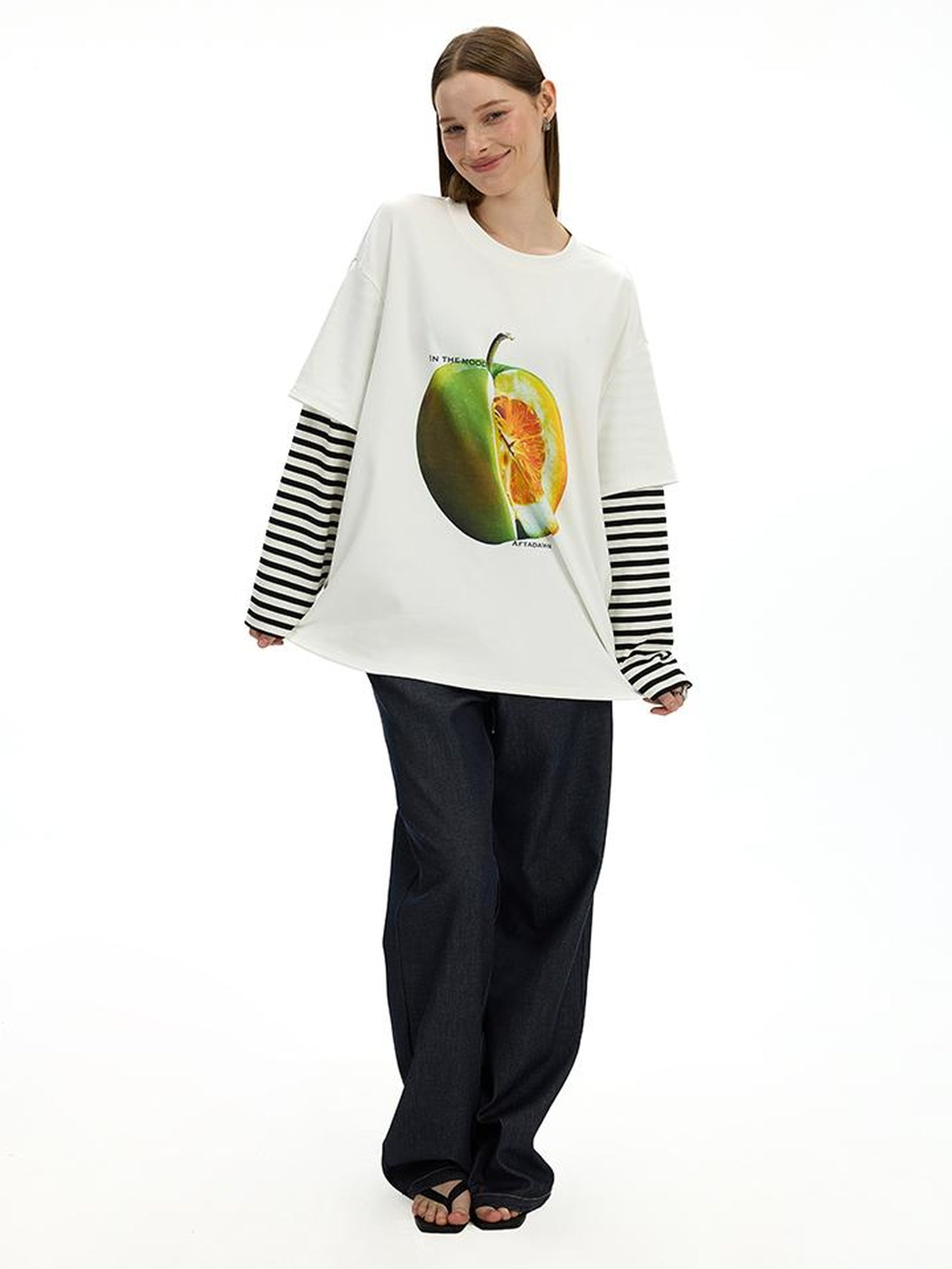 AFTADAWN Fruit Print Stripe Sleeve Relaxed Fit Tee