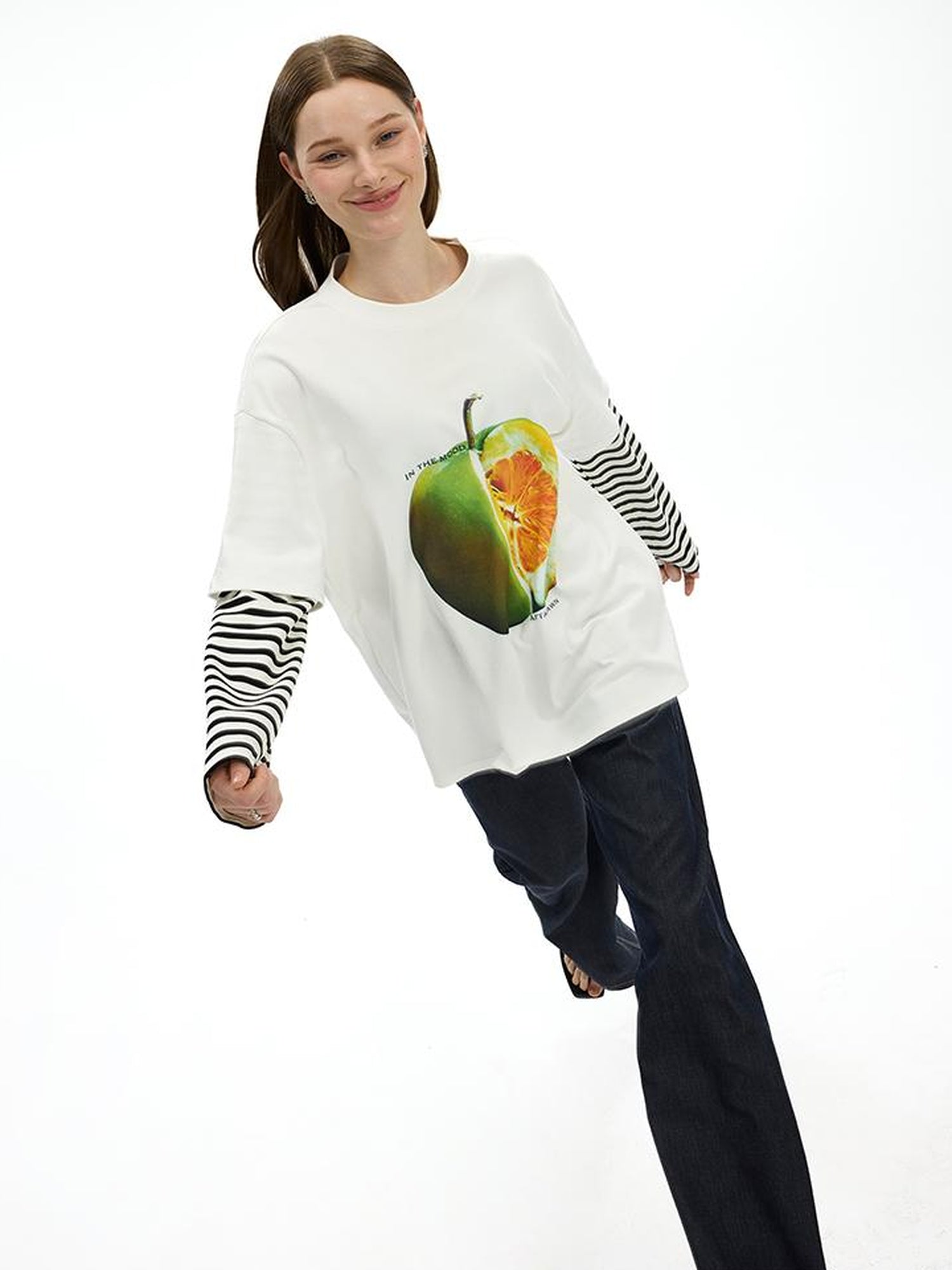 AFTADAWN Fruit Print Stripe Sleeve Relaxed Fit Tee