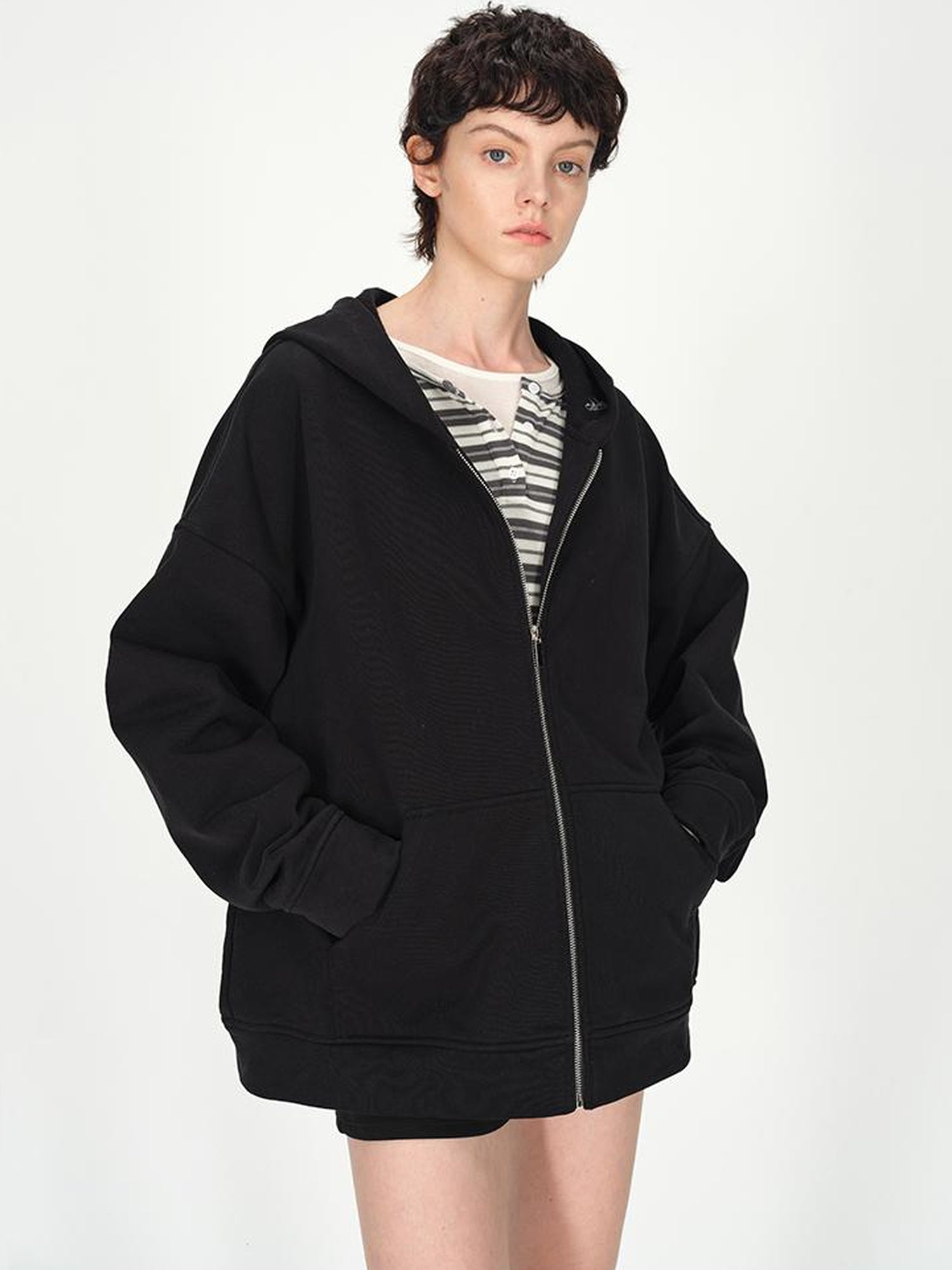 AFTADAWN Full Cotton Hooded Pullover Fleece Loose Fit Casual Zip Up Pocket Sweatshirt