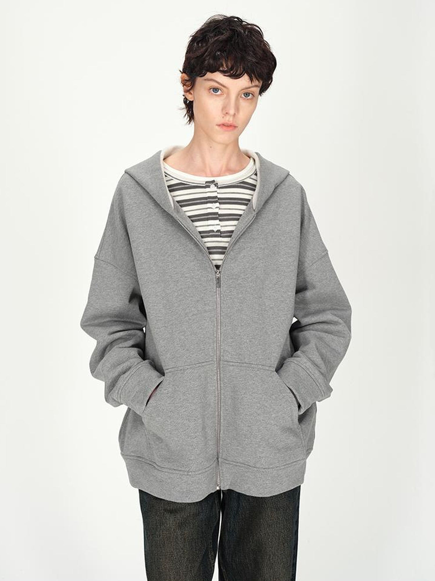 AFTADAWN Full Cotton Hooded Pullover Fleece Loose Fit Casual Zip Up Pocket Sweatshirt