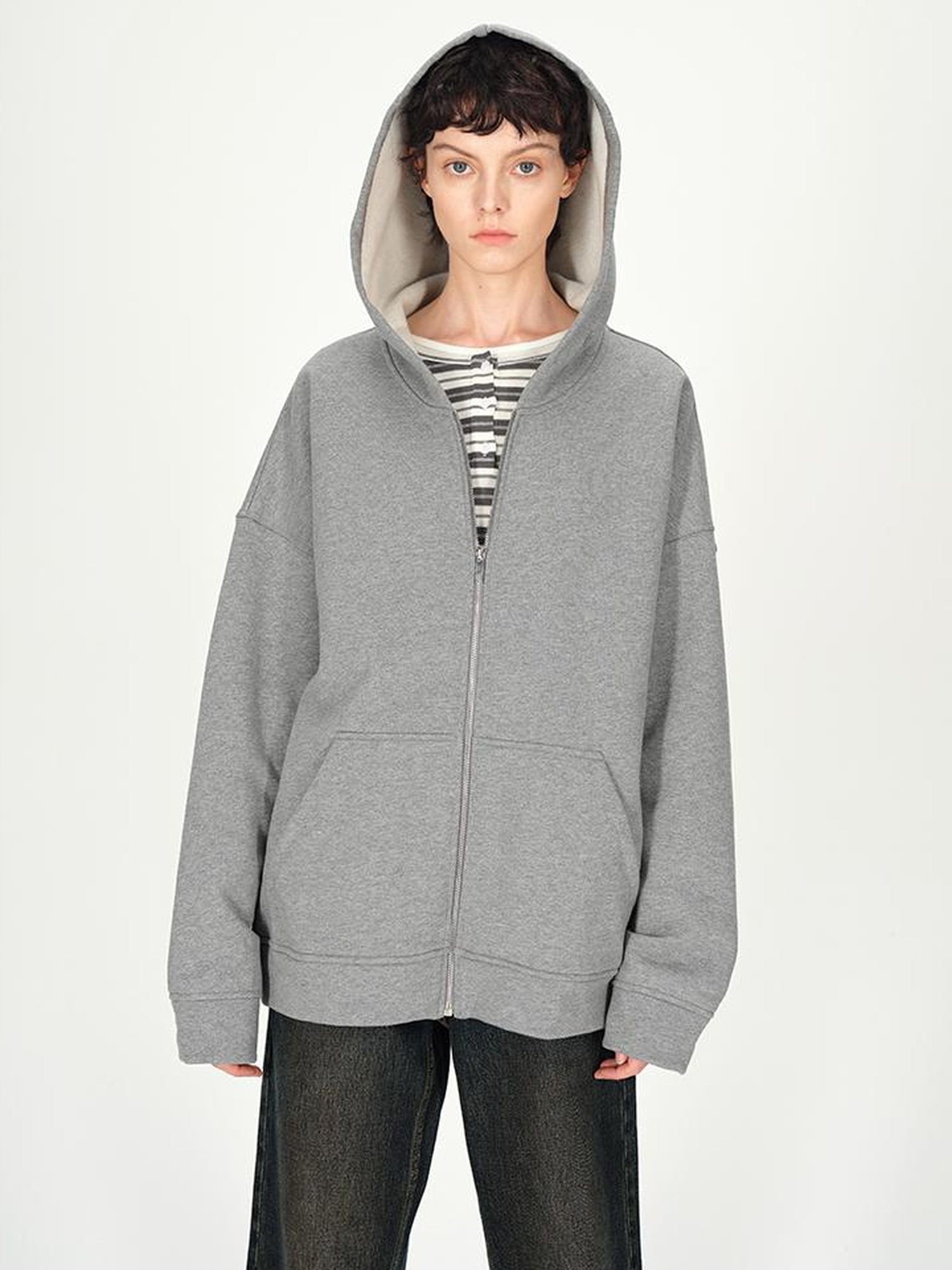 AFTADAWN Full Cotton Hooded Pullover Fleece Loose Fit Casual Zip Up Pocket Sweatshirt