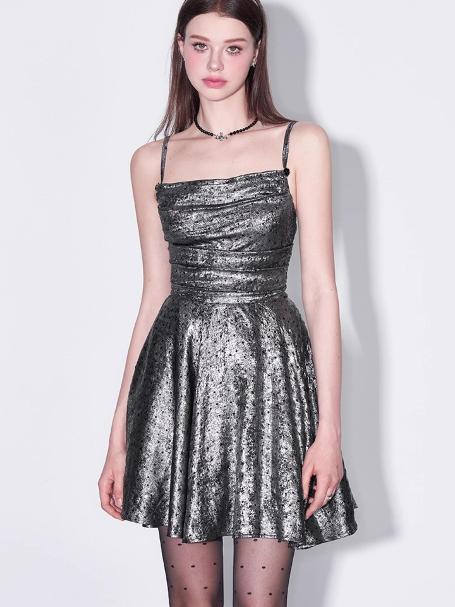 AFTADAWN Galaxy Starry Night Metallic Satin Slip Dress V-Neck T-Shirt Long-Sleeve