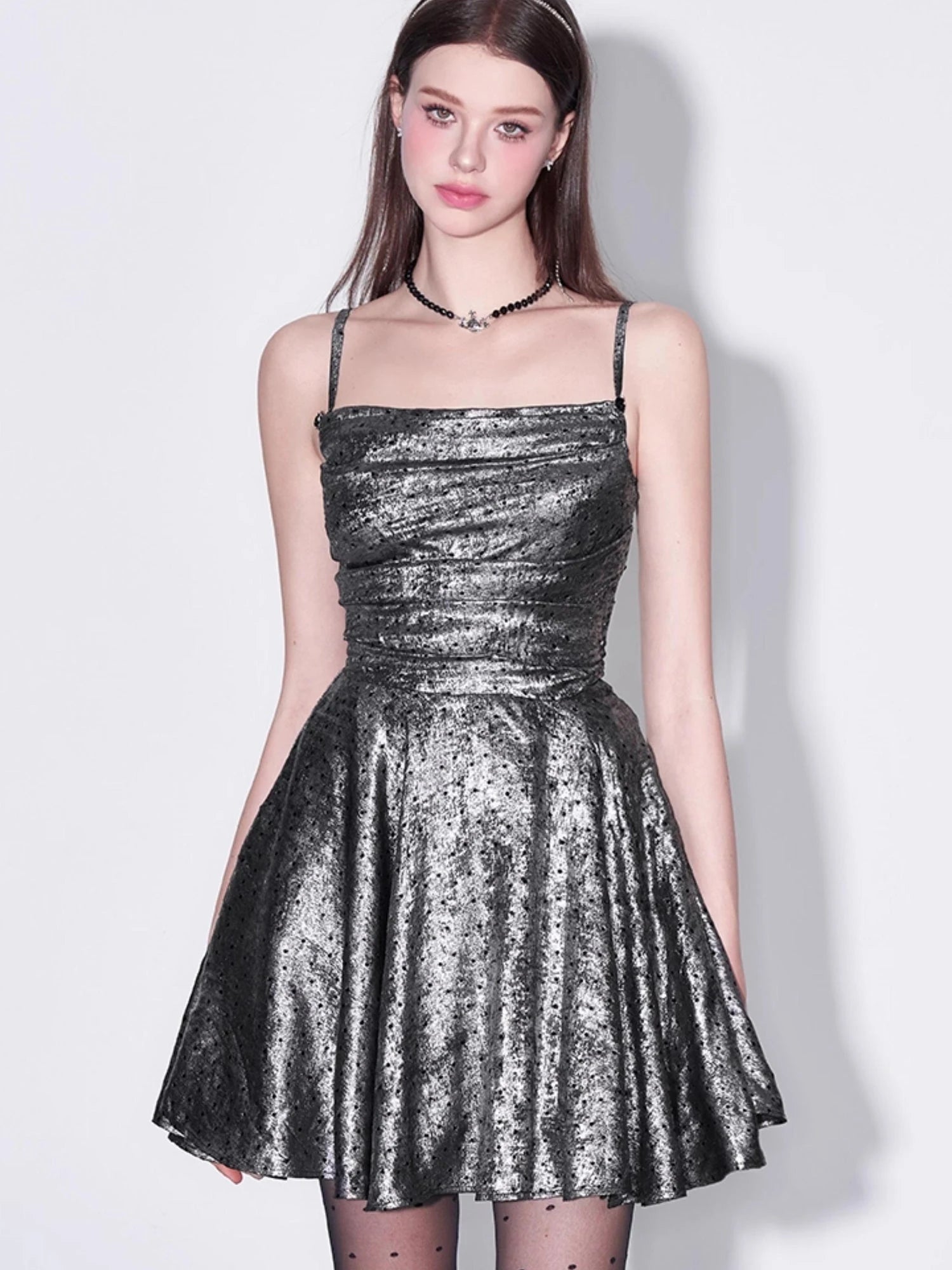 Galaxy Starry Night Metallic Satin Slip Dress V-Neck T-Shirt Long-Sleeve